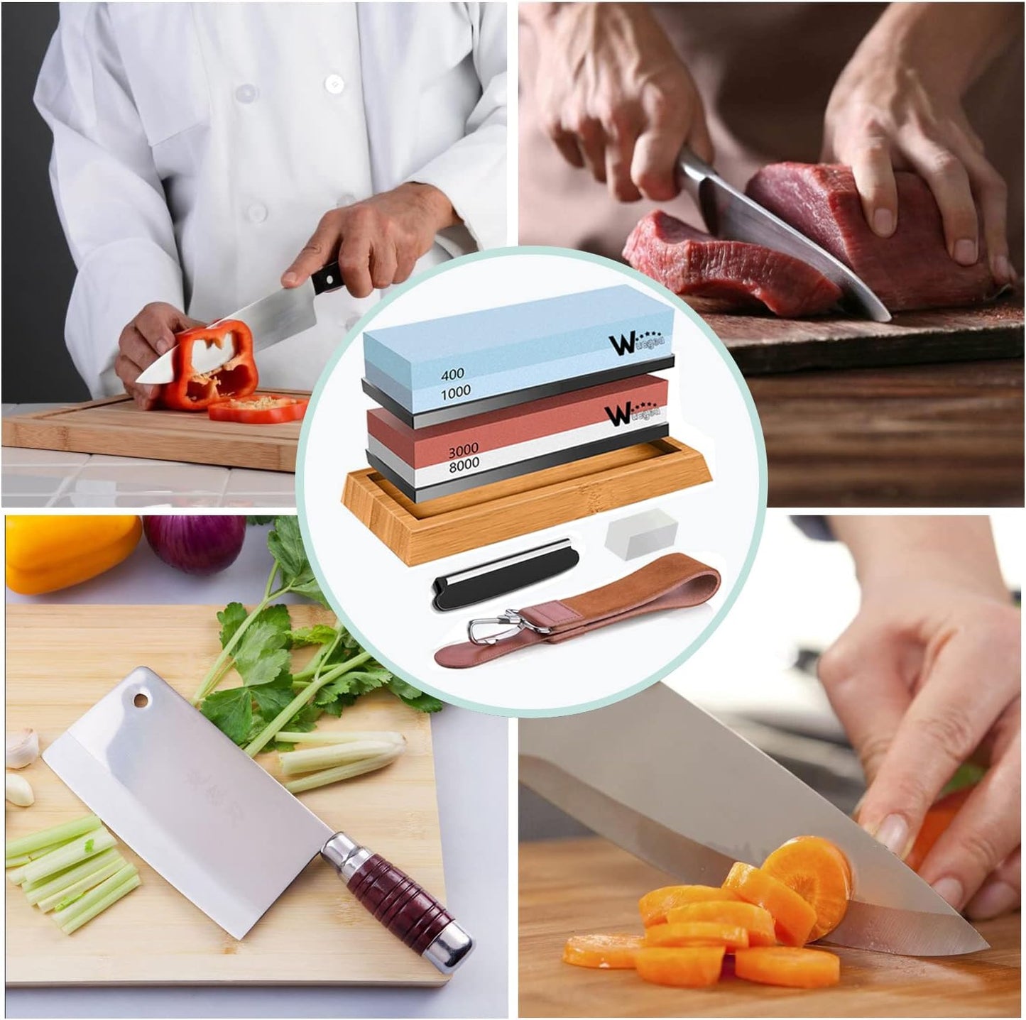 Wucgea Knife Sharpening Stone Kit - 400/1000 3000/8000 Grit Japanese Whetstone Sharpener set with Non-slip Rubber Base Angle Guide Flattening stone and Leather Stropā¦