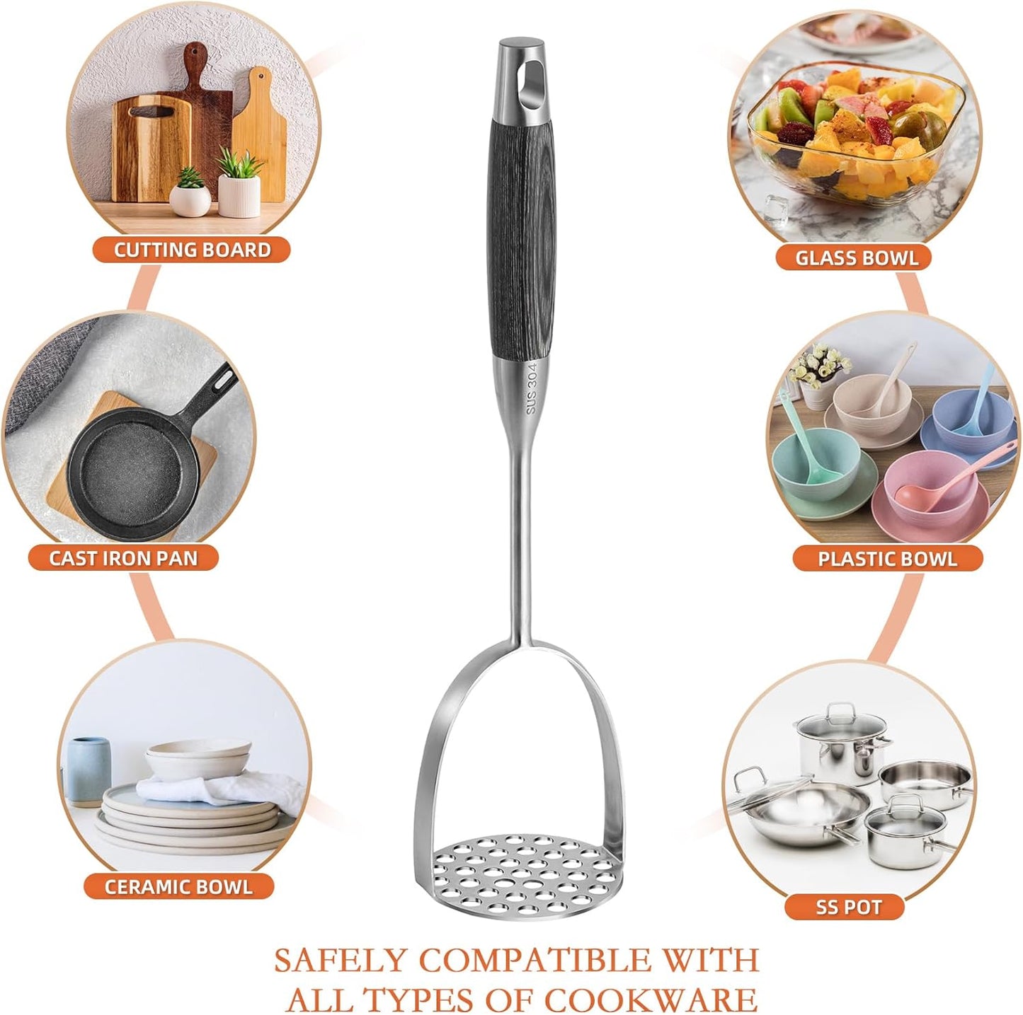 Potato Masher Stainless Steel, Heavy Duty Mashed Potatoe Masher,Professional Integrated Food Masher for Avocado, Potatoes, Beans, Meat, Vegetables (Black wooden handle Masher)
