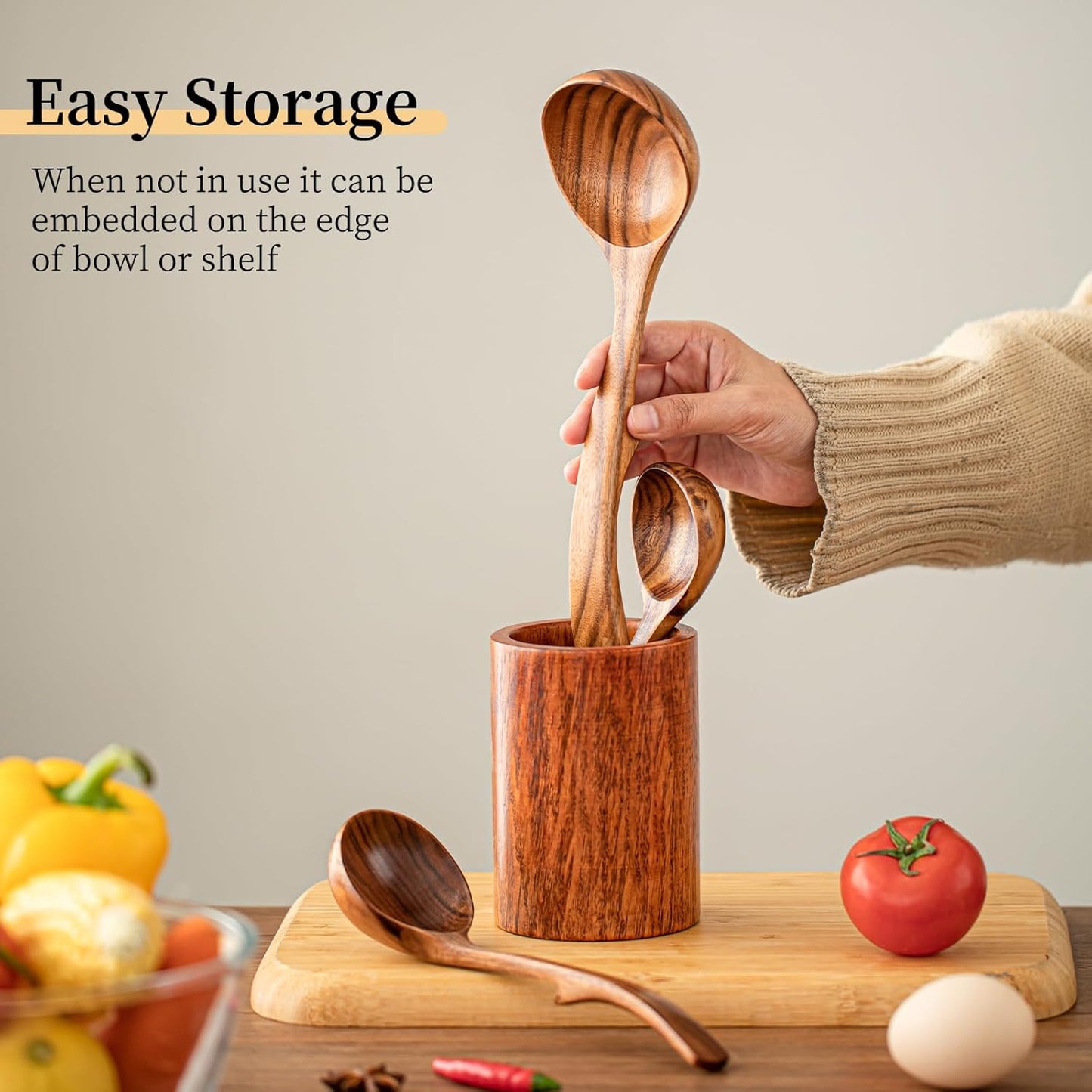 Gudamaye 3 Size Wooden Soup Ladles Set,3 Hooks for Bowl,Pot. Natural Teak Wooden Ladle,10.6 inch Big Soup Ladle, 9 inch Serving Spoon & 8 inch Wood Ladles for Cooking,Teak Deep Ladle Spoons