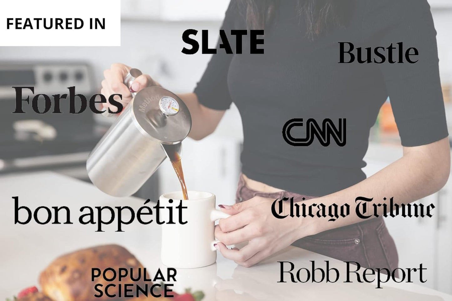 Barista Warrior French Press with Thermometer - Insulated Coffee Press - Stainless Steel Coffee Maker (1.0L, 34 fl oz, Gray)