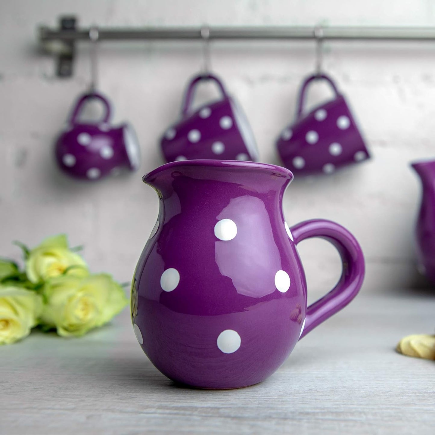 Handmade Purple and White Polka Dot Large Ceramic 1,7l/60oz/4-6 Cup Teapot, Milk Jug, Sugar Bowl Set, Pottery Tea Set, Housewarming Gift for Tea Lovers by City to Cottage®