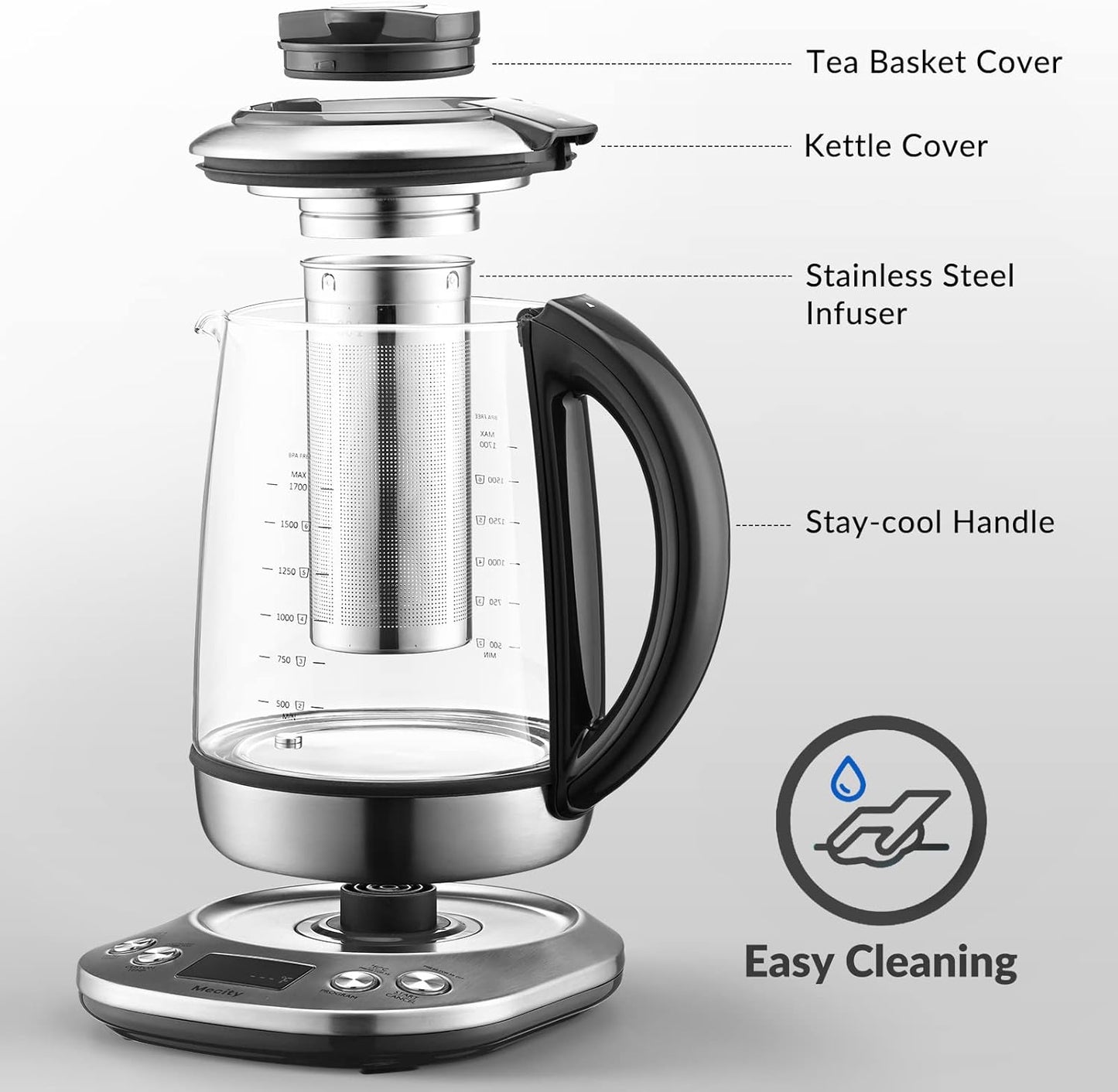 Mecity Electric Tea Kettle Borosilicate Glass Tea Maker With Temperature Control and Infuser - LCD Display and Preset Brewing Programs - 1.7 Liter Water Boiler