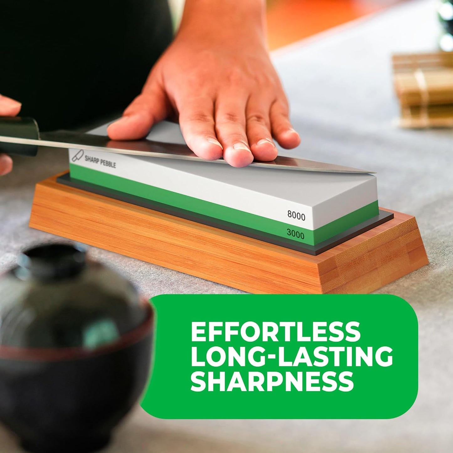 Sharp Pebble Premium Whetstone Knife Sharpening Stone 2 Side Grit 3000/8000 Wetstone Kit -Wetstone Kitchen Knife Sharpener with Non-Slip Bamboo Base & Flattening Stone