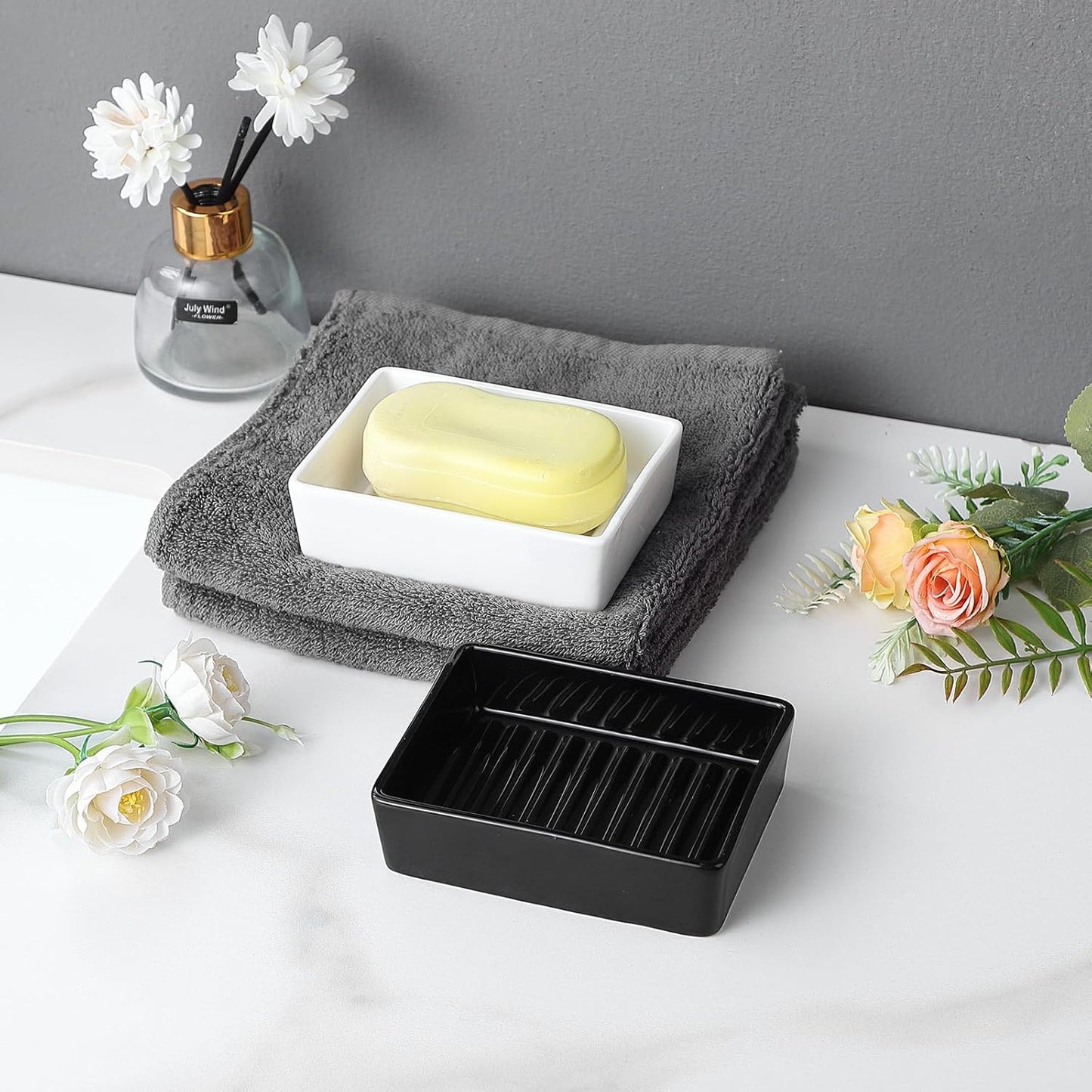White Rectangle Soap Dish - Modern Ceramic Hand Soap Holder Non-Slip Bar Soap Holder Soap Tray for Bathroom, Kitchen Sink, Shower, Countertop, Easy to Clean