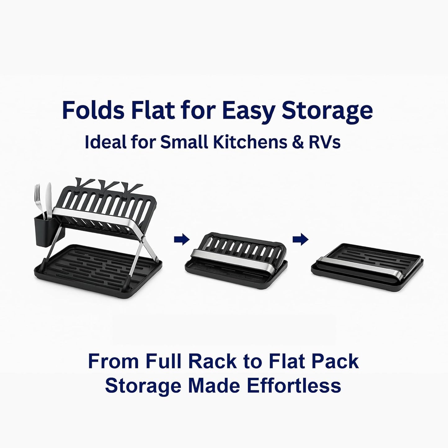 TrendTrove Foldable Dish Drying Rack – Stainless Steel Dish Rack for Kitchen Counter & Over Sink – Compact, Space-Saving Dish Drainer with Drip Tray, Utensil Holder & Plate Dividers (Black/Silver)