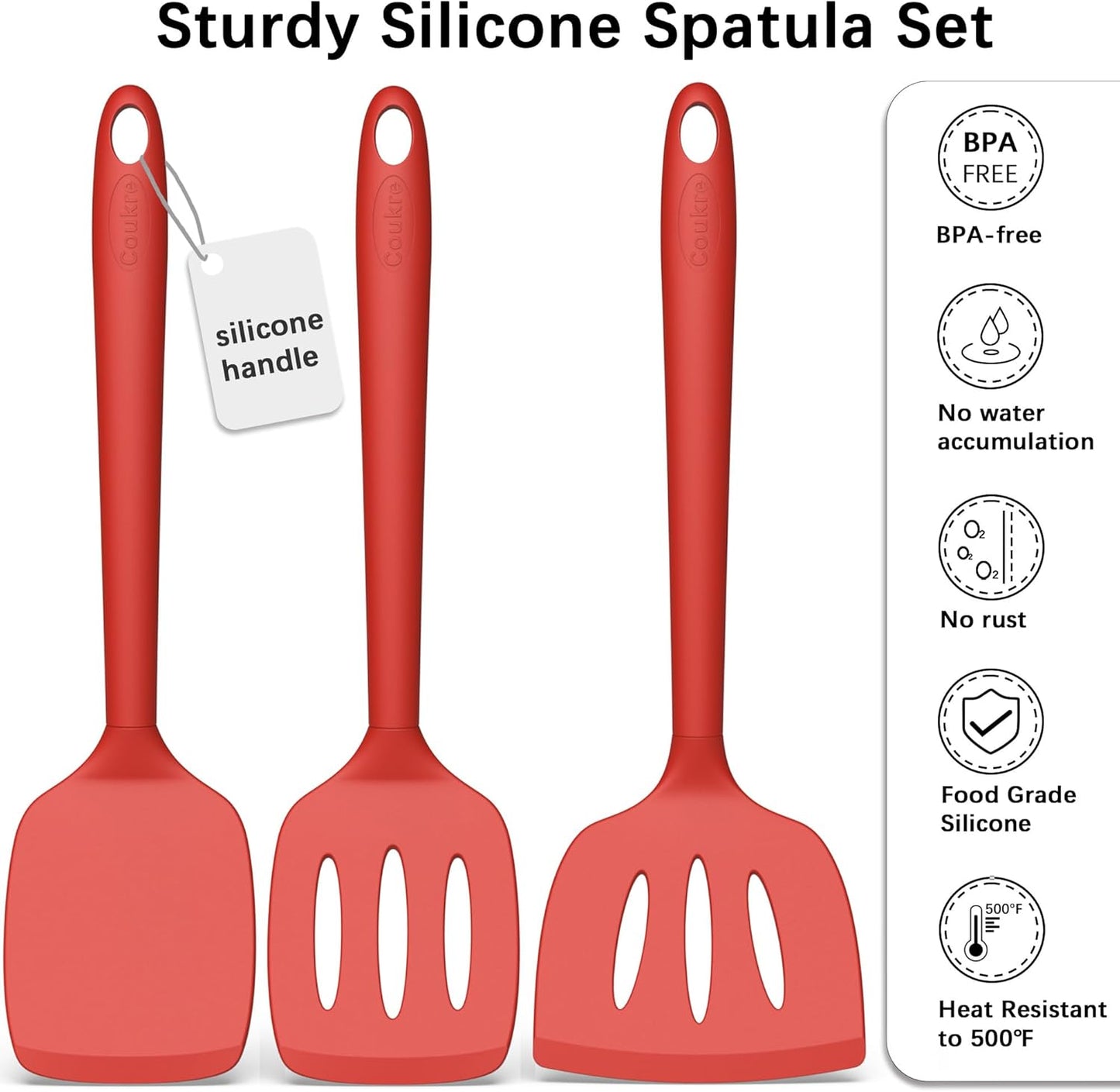 Coukre Silicone Spatula Set of 3, High Heat Resistant, BPA-Free, Kitchen Utensils, Fish Spatula, Solid & Slotted Turner for Non-Stick Pans, Flipping Eggs, Pancakes, Fish, Burgers (3, PureRed)