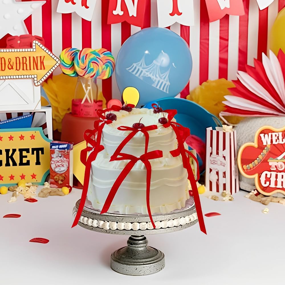 Bow Cake Toppers, 10 Pcs Large Red Bows Cupcake Toppers Themed Party Decorations, Red Birthday Cake Decorations for Wedding Baby Shower Party Supplies