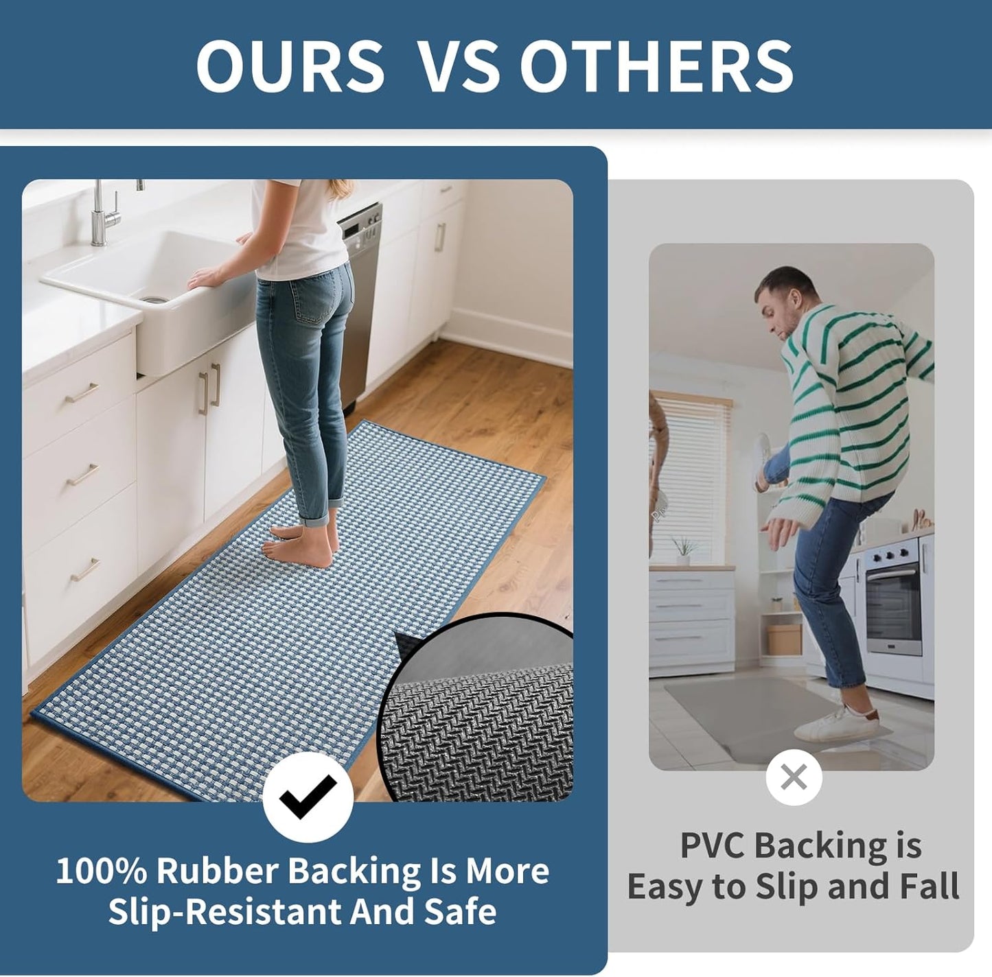 Kitchen Mat Kitchen Rugs Sets of 2 PCS Non Slip Washable, Super Absorbent Soft Braided Kitchen Mats for Floor, Rubber Backing Comfort Standing Kitchen Sink Mat Runner Rug, Blue 17"x28"+17"x47"