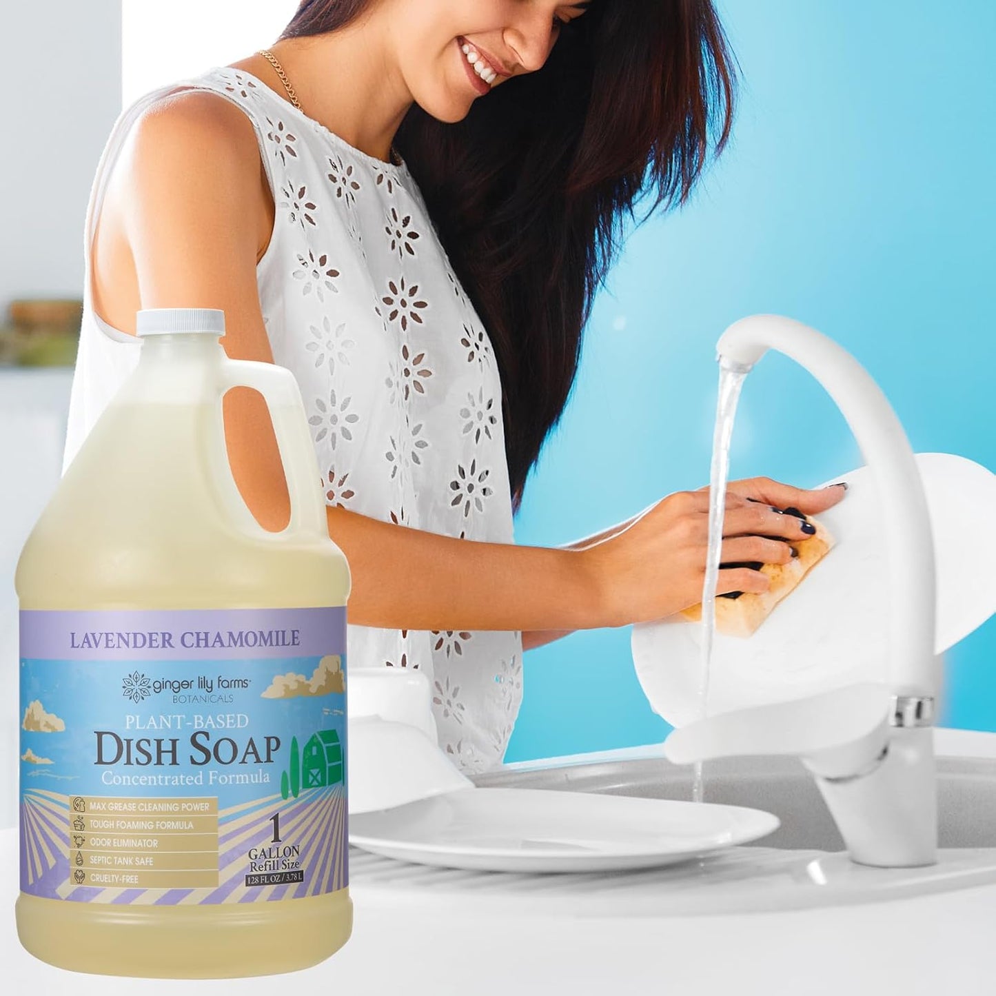 Ginger Lily Farms Botanicals Plant-Based Liquid Dish Soap, Concentrated Formula with Max Grease Cleaning Power, Cruelty-Free, Lavender Chamomile Scent, 1 Gallon Refill (128 Fl. Oz.)