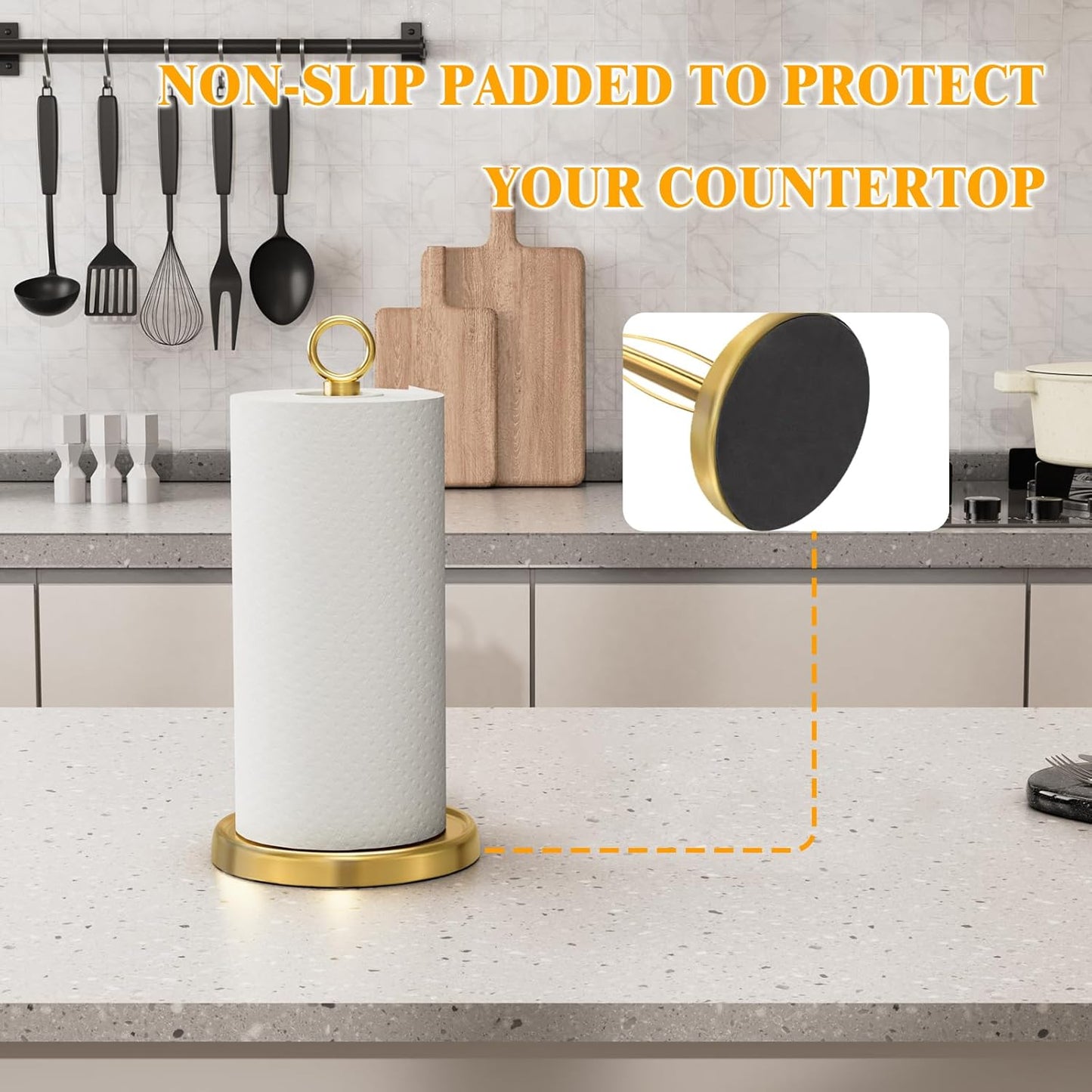Gold Paper Towel Holder Countertop, Gold Kitchen Accessories Decor, One-Handed Tear, Stainless Steel, Weighted Base, Ring Paper Towel Holder Stand with Ratchet System for Kitchen Farmhouse Essentials