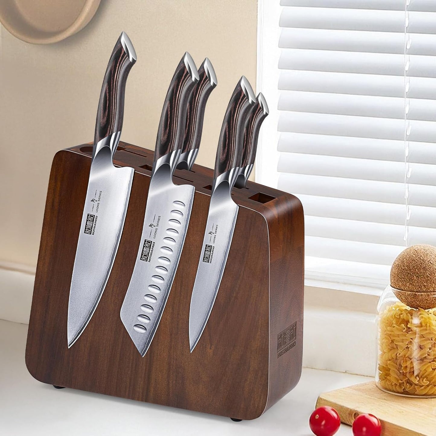 HOSHANHO Magnetic Knife Block 10 x 9 Inches, Double Sided Magnetic Knife Holder and Kitchen Knife Organizer Storage, 7 Slots Acacia Wood Universal Knife Block for Chefs
