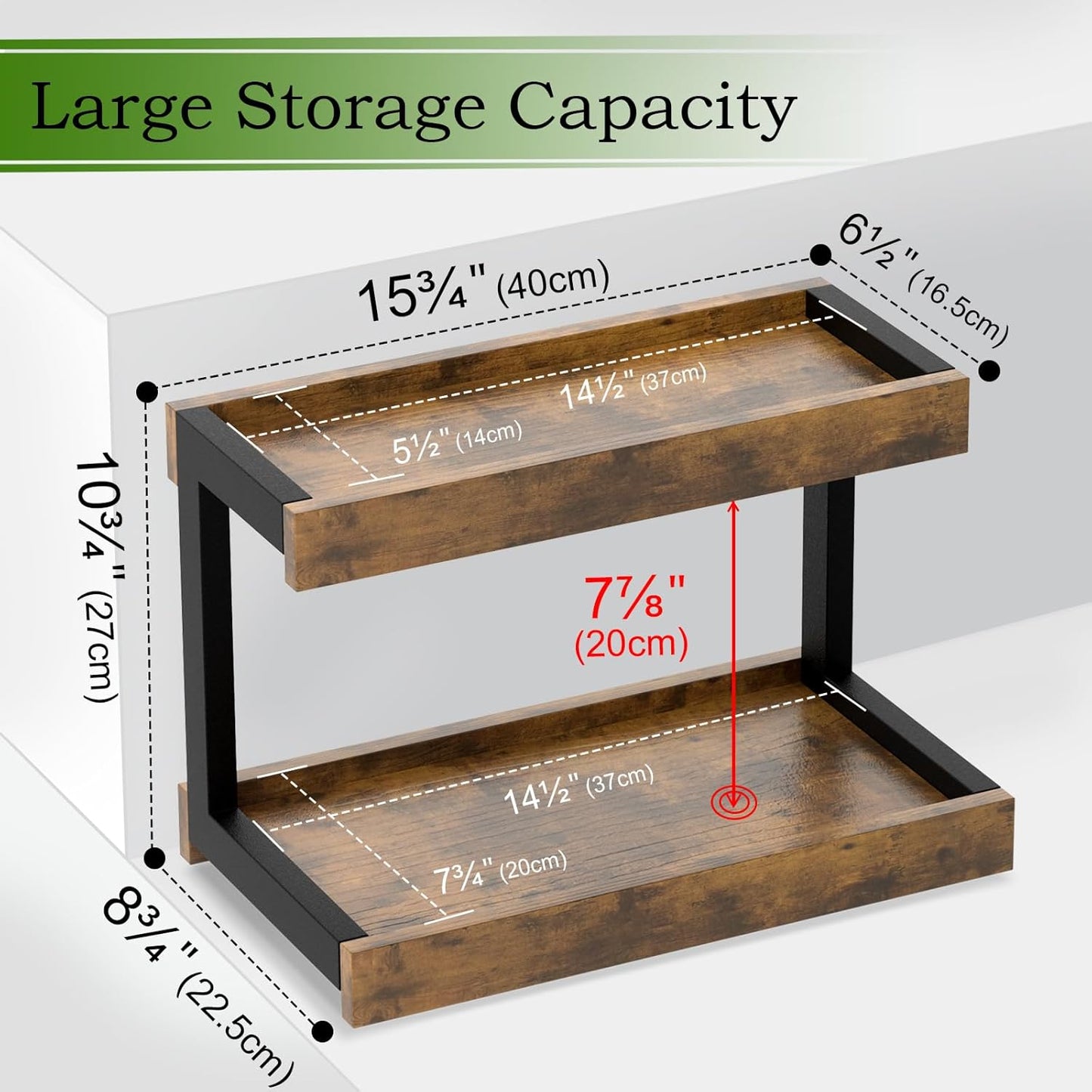 MARTY 2 Tier Spice Rack Organizer for Countertop, 15.8''L Coffee Station/Bathroom Organizer Countertop, Counter Shelf Desktop Storage Organizer for Kitchen, Bedroom, Office (Rustic Brown)