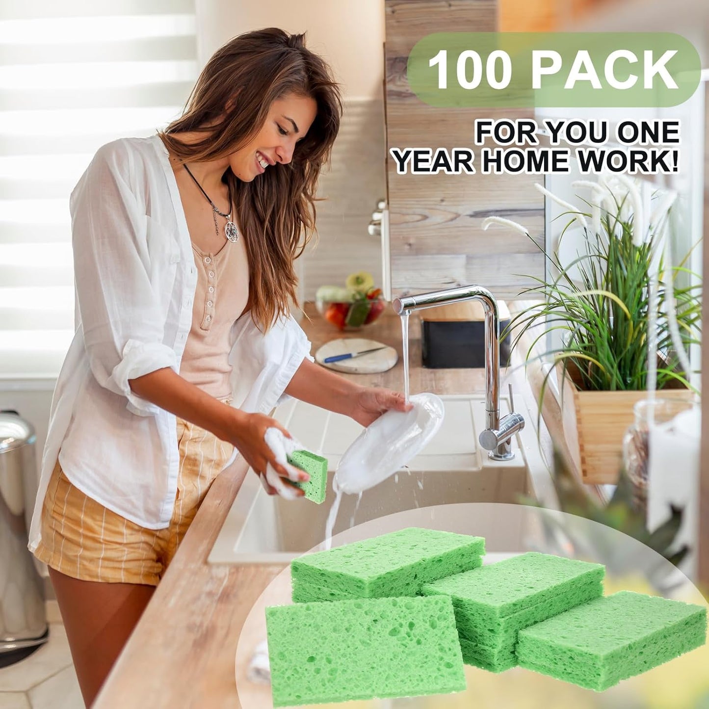 Zhengmy 100 Pieces Kitchen Sponge Bulk Natural Sponges for Dishes Compressed Wood Pulp Sponges Cleaning Sponge Without Scratching for Kitchen Bathroom, 3.9 x 2.4 x 0.12 Inch (Green)