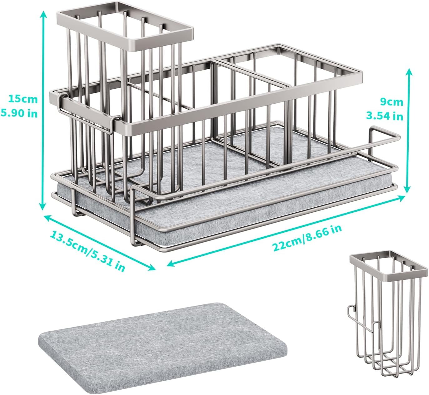 HapiRm Sink Caddy Sponge Holder - Kitchen Sink Organizer with Instant Drying Stone and Brush Holder, Stainless Steel Sponge Caddy for Kitchen Countertop - Brushed Nickel