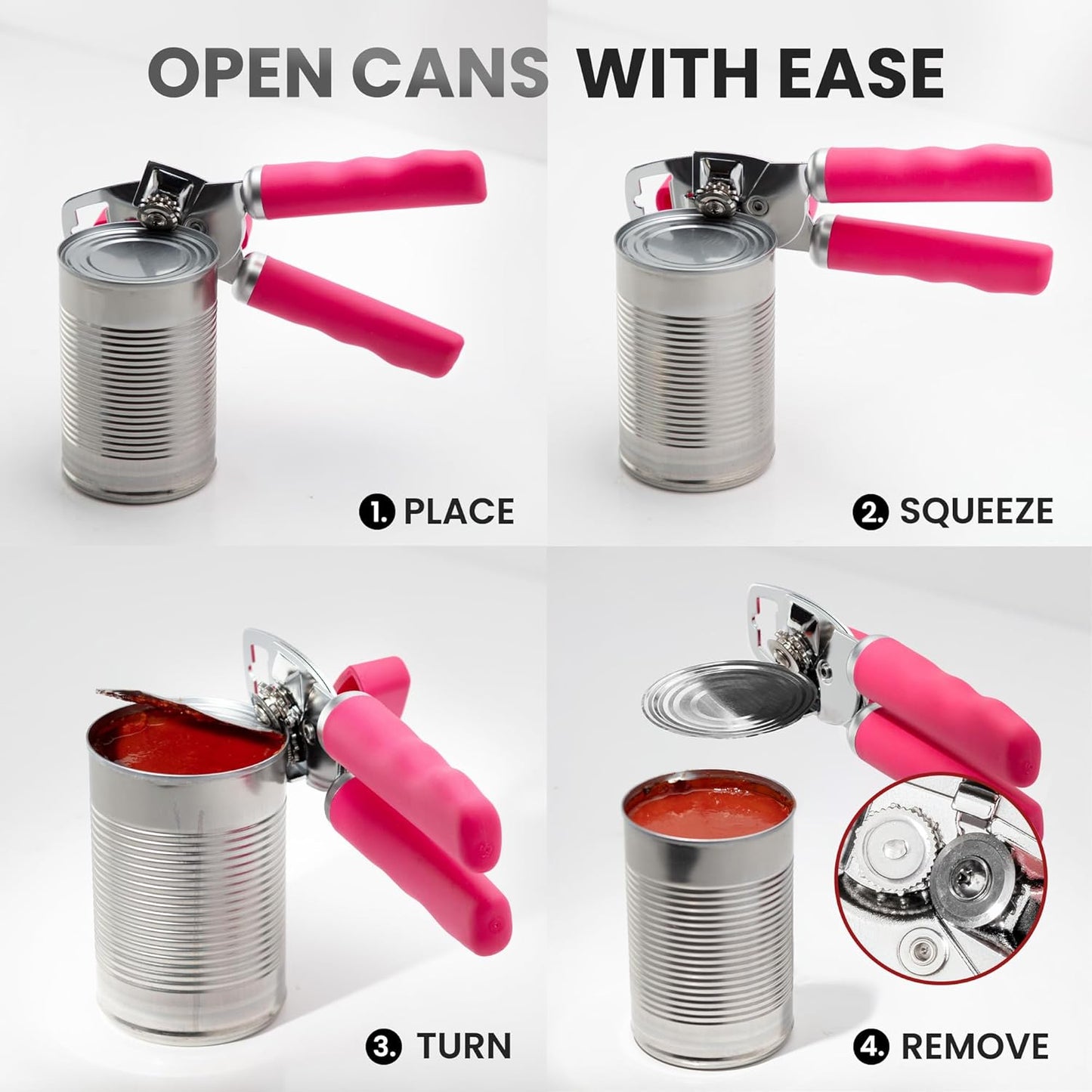 Zulay Kitchen Heavy Duty Stainless Steel Can Opener Manual with Bottle Opener - Rust Proof Manual Can Opener With Turn Knob & Comfy Soft Grip Handles - Dragonfruit