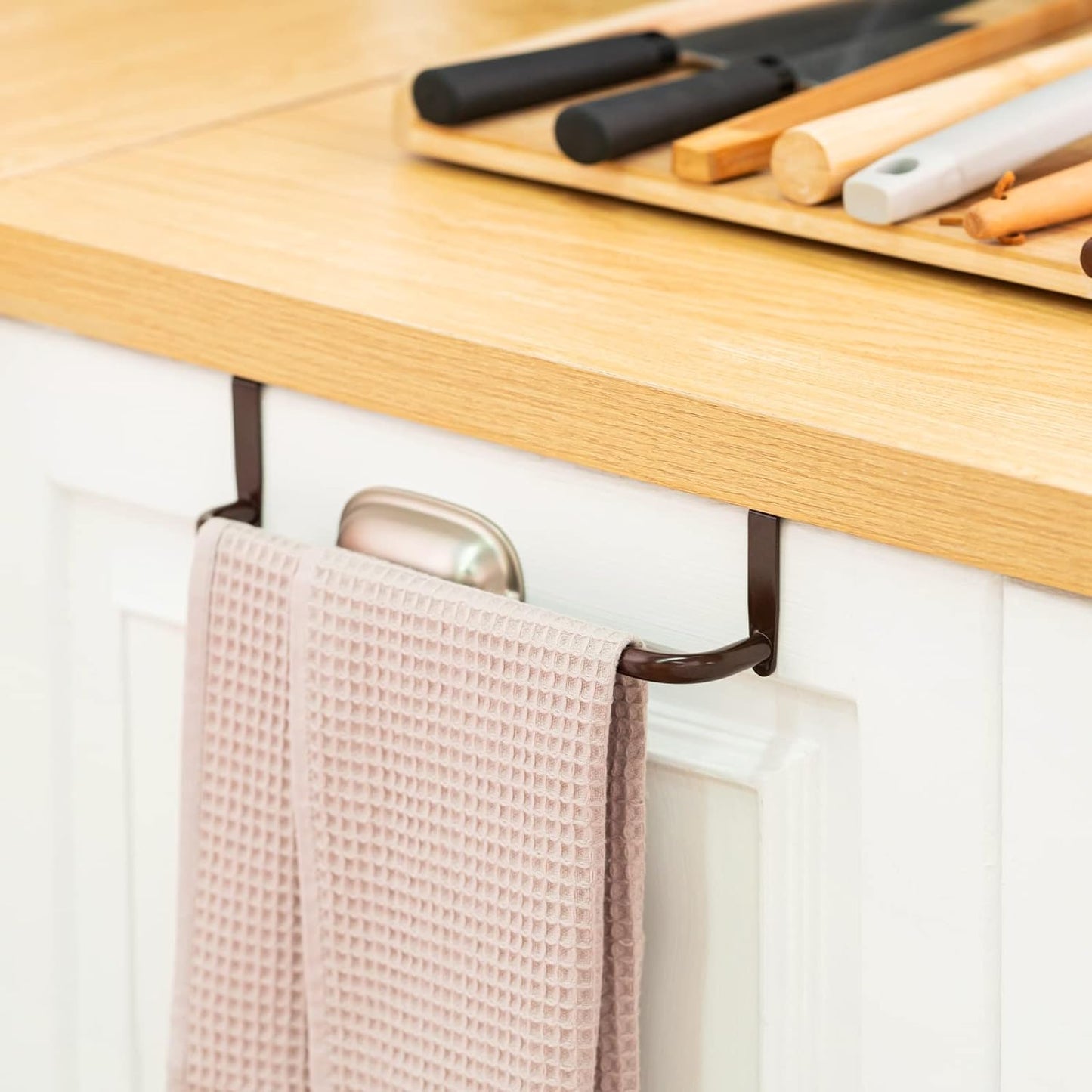 2 Pieces Metal Towel Bar Kitchen Cabinet Steel Towel Rack Bar for Hanging on Inside or Outside of Doors, Home Kitchen Bathroom(Brown)