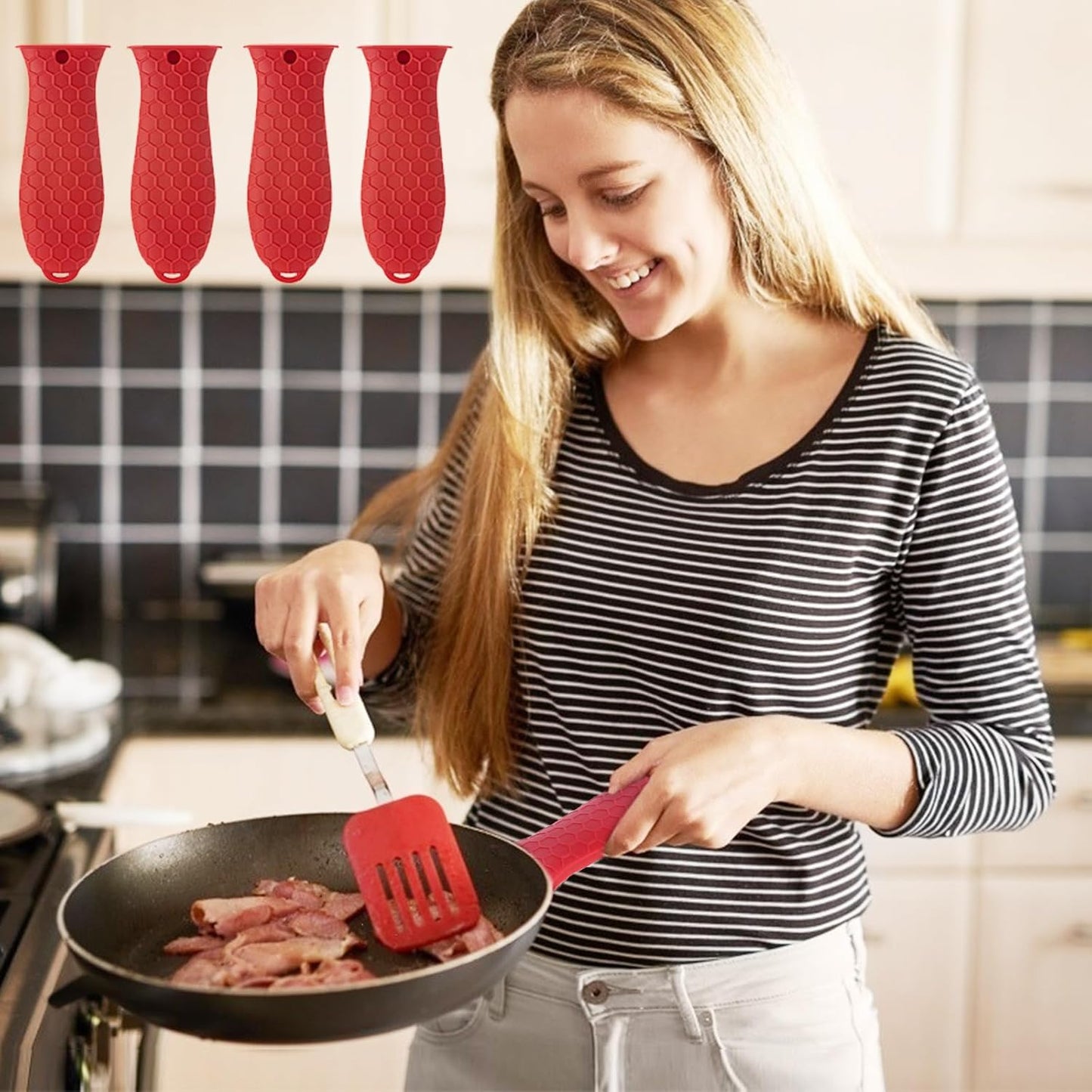 4 Pcs Silicone Hot Handle Holder, Non-Slip Potholder for Cast Iron Skillets, Rubber Pot Handle Sleeve Heat Resistant for Frying Pans & Griddles Sleeve Grip Handle Cover,Metal cookware Handles, Red