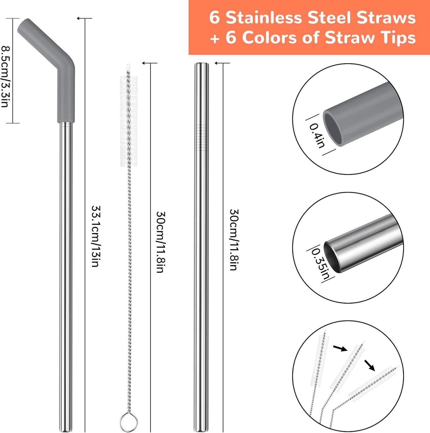 Tomorotec 6-Pack Morandi Colors Silicone Tip Stainless Steel Straws for 40oz Stanley Tumblers with 2 Cleaning Brushes, BPA-Free 13" Long Healthy & Safe for Outdoor & Home Use, Enhances Drink Enjoyment