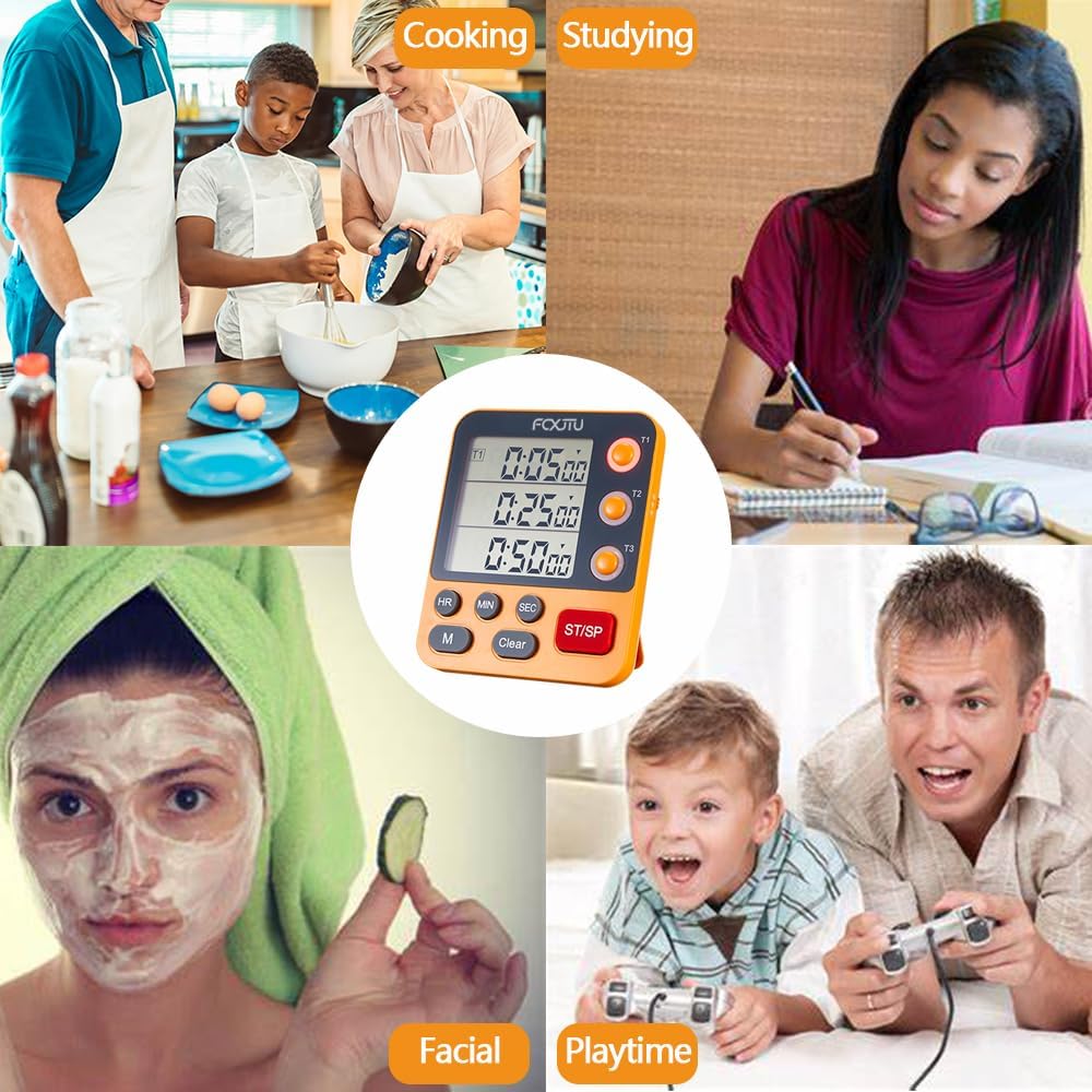 FCXJTU Digital Dual Triple Kitchen Timer, 3-Channel Magnetic Countdown Timer for Cooking, Large Display Stopwatch Multi Food Classroom Timer Loud Alarm for Seniors Teachers Battery Included (Green)