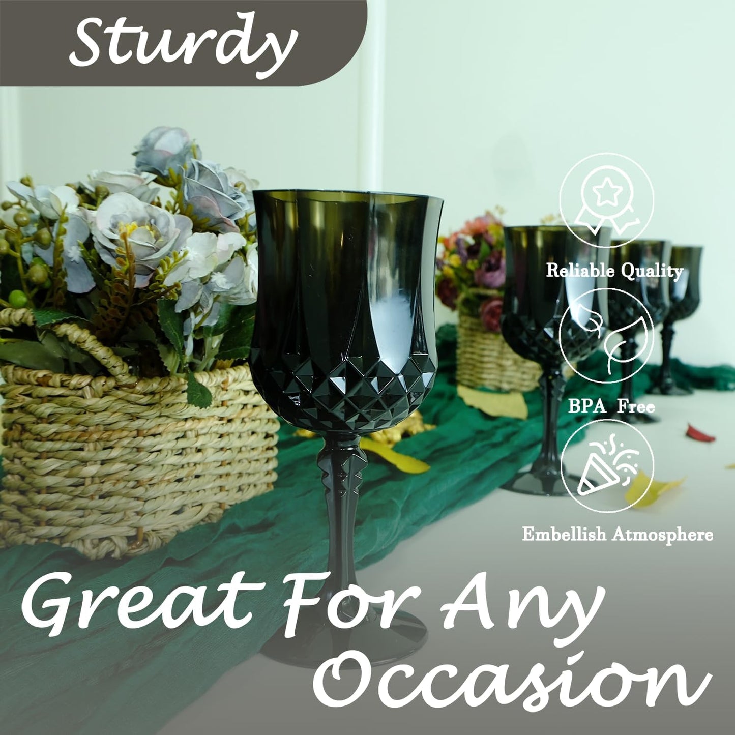 Plastic Wine Glasses,Plastic Goblets Vintage Style Cordial Drinking Glasses for Wedding Reception, Grand Event Party Supplies (24, Black)