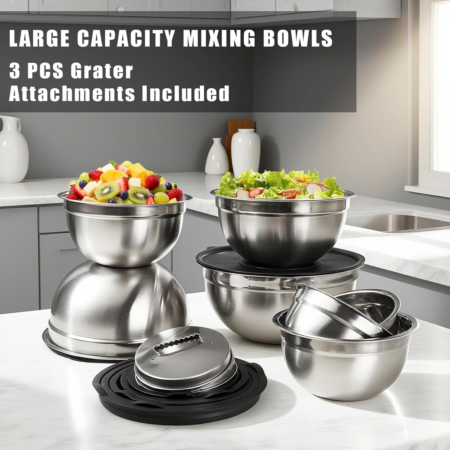 Lazycorner Stainless Steel Mixing Bowls with Airtight Lids Set of 7 Stainless Steel Bowls Set with 3 Grater Attachments Great for Serving & Baking