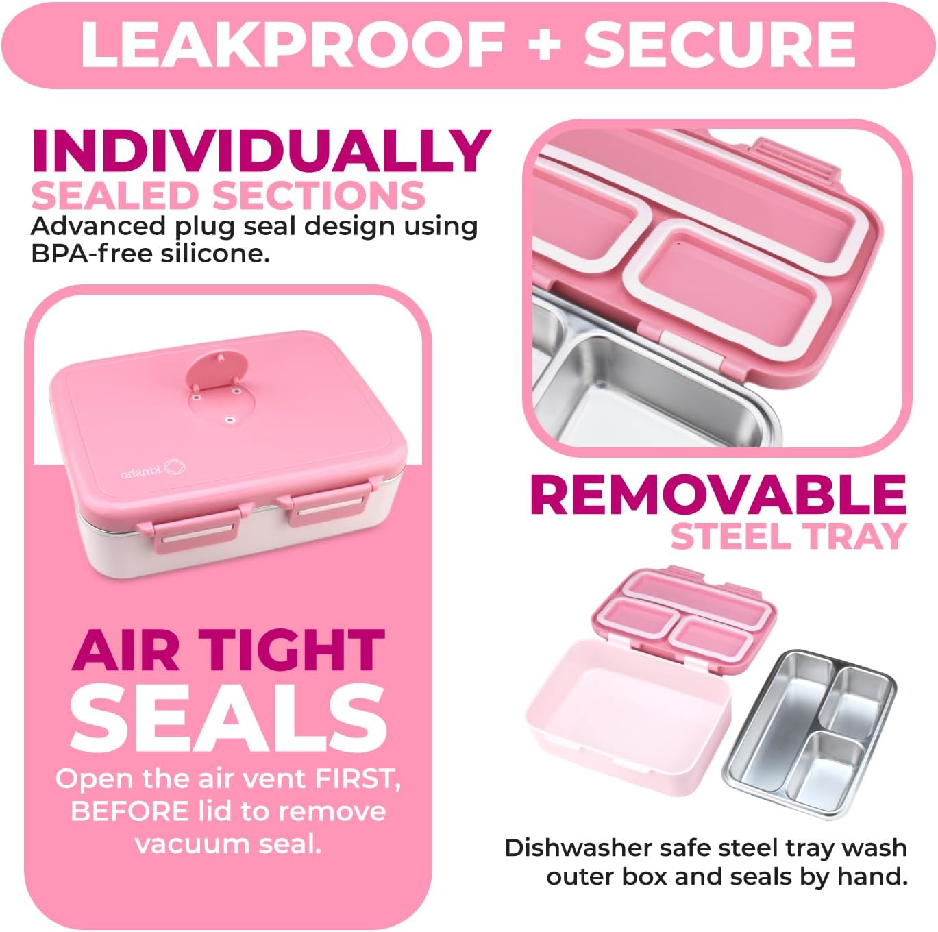 Stainless Steel Bento Box Lunch Container for Kids Adults with Removable Tray, Leakproof Silicone Seals, BPA Free 26 oz/790 mL (Pink)