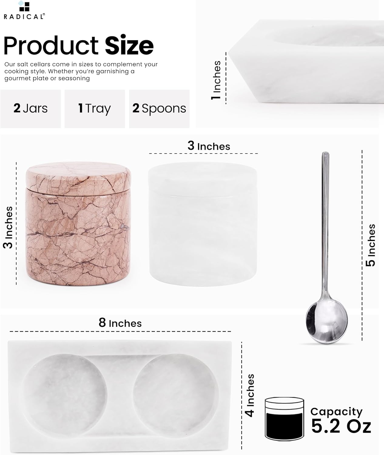 Radicaln Marble Salt Cellar With Lid and Tray 3" Inch White and Marinara Salt Container and Set of 2 Seasoning Jars For Living Room, Ideal Salt Bowl for Countertop