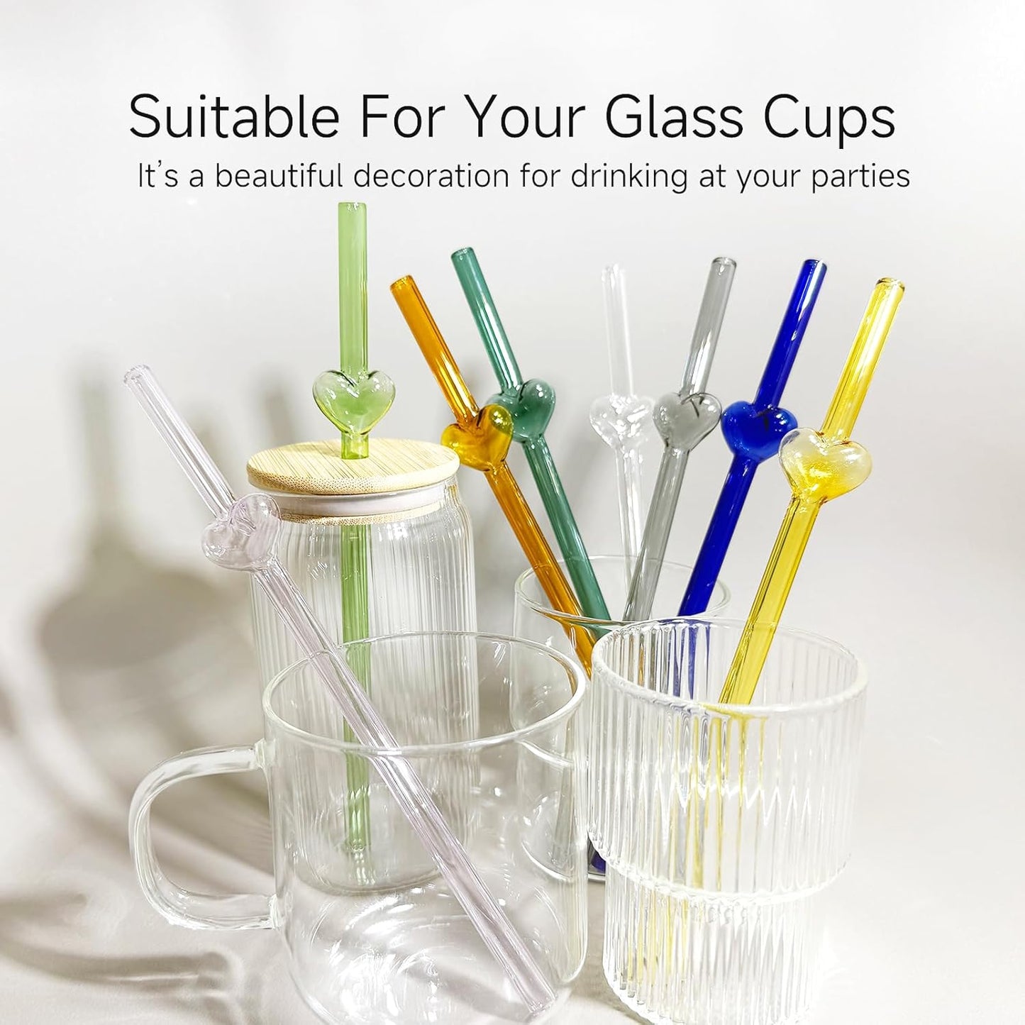 Glass Straws Sets Reusable Glass Straws with Hollow Heart Charms & 2 Cleaning Brush Colorful Heat Resistant Straw Home Drinking Decoration Gift For Girls