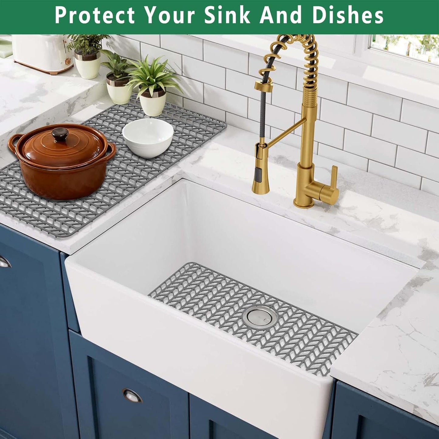 GUUKIN Sink Protectors for Kitchen Mat -30"x 16" Silicone Kitchen Sink Mat Grid for Bottom of Farmhouse Stainless Steel Porcelain with Rear Drain(Grey