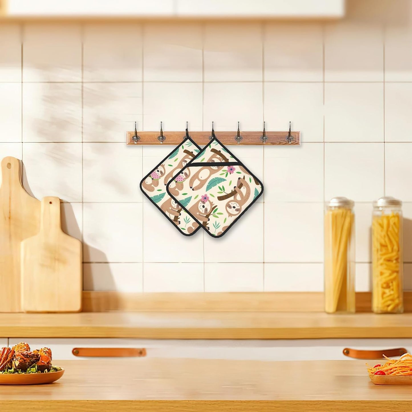 Cute Sloth Pot Holders Set of 2, Kitchen Heat Resistant Potholder for Microwave Cooking Baking Oven End Dishes and BBQ