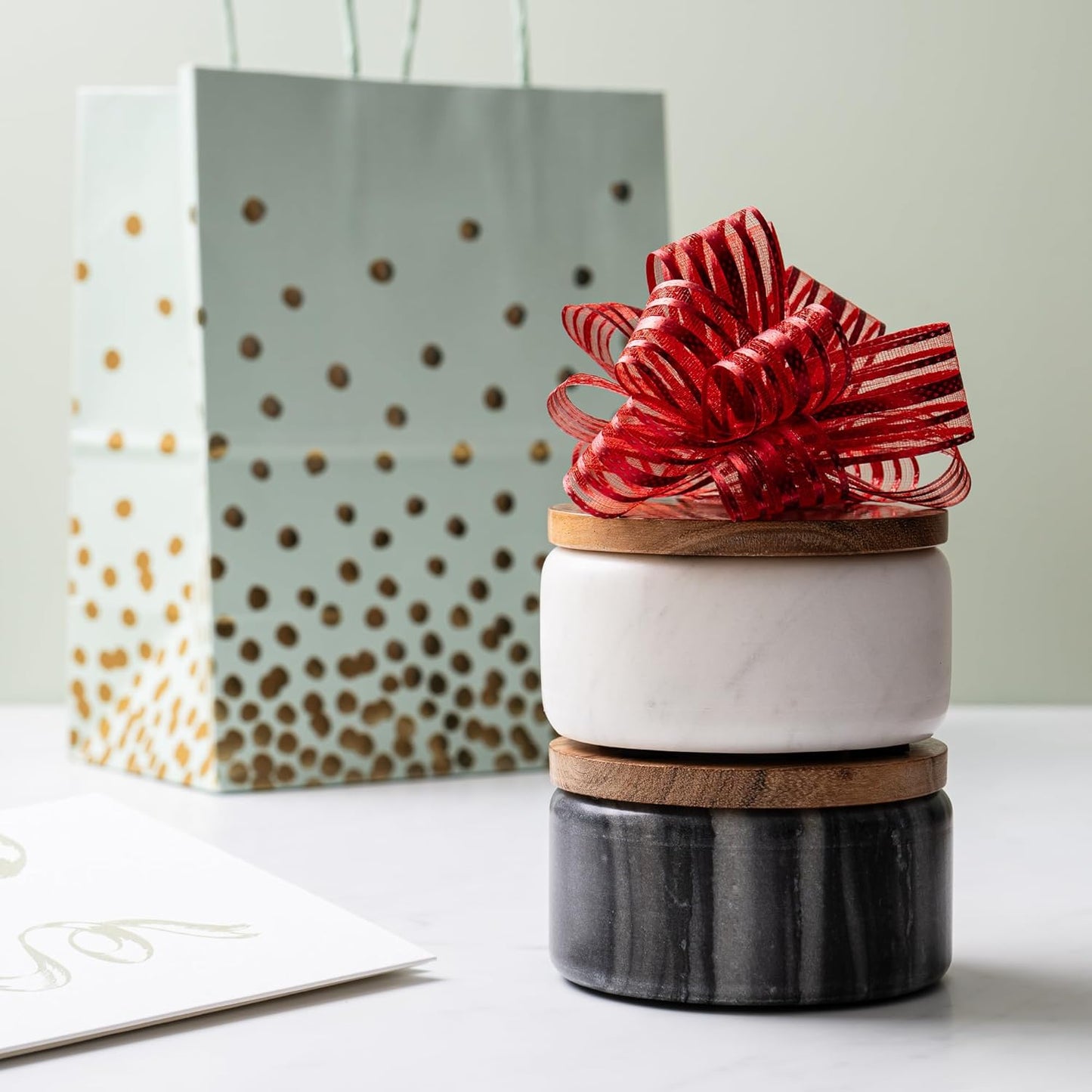 Cork & Mill Grey Marble Salt Cellar with Acacia Wood Lid and Spoon - Elegant Modern Salt Container for Countertop - Handcrafted Pepper Pot - Wide 4” Pepper Holder with Non-Skid Feet