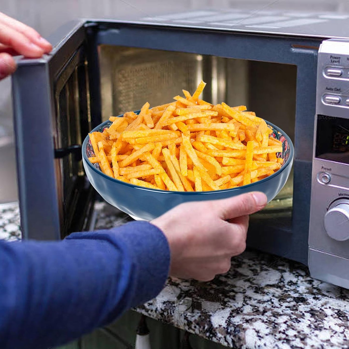 75 Oz Serving Bowls,Bohemian Style Large Porcelain Dishes for Entertaining Parties,Big Bowls for Eating Soup, Salad, Pasta, Fruit, Chips, 10.3 Inch Diameter (blue blue)