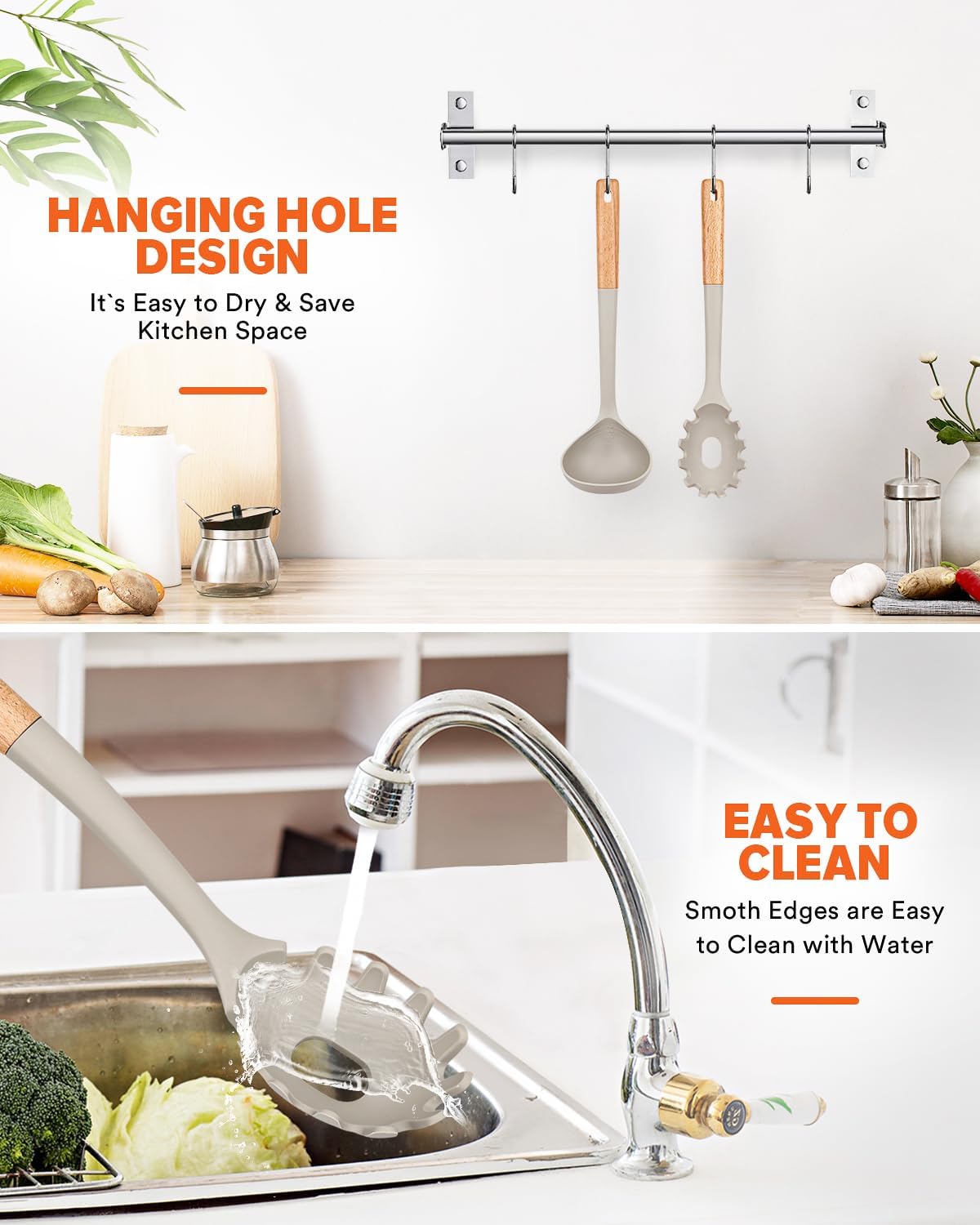 Pasta Fork and Ladle Set, Perfect for Serving Hot Soup, Stirring, and Sauce Pasta, BPA-Free Matte Silicone, Wood Handle Spaghetti Spoon for Nonstick Cooking Surfaces (Khaki)