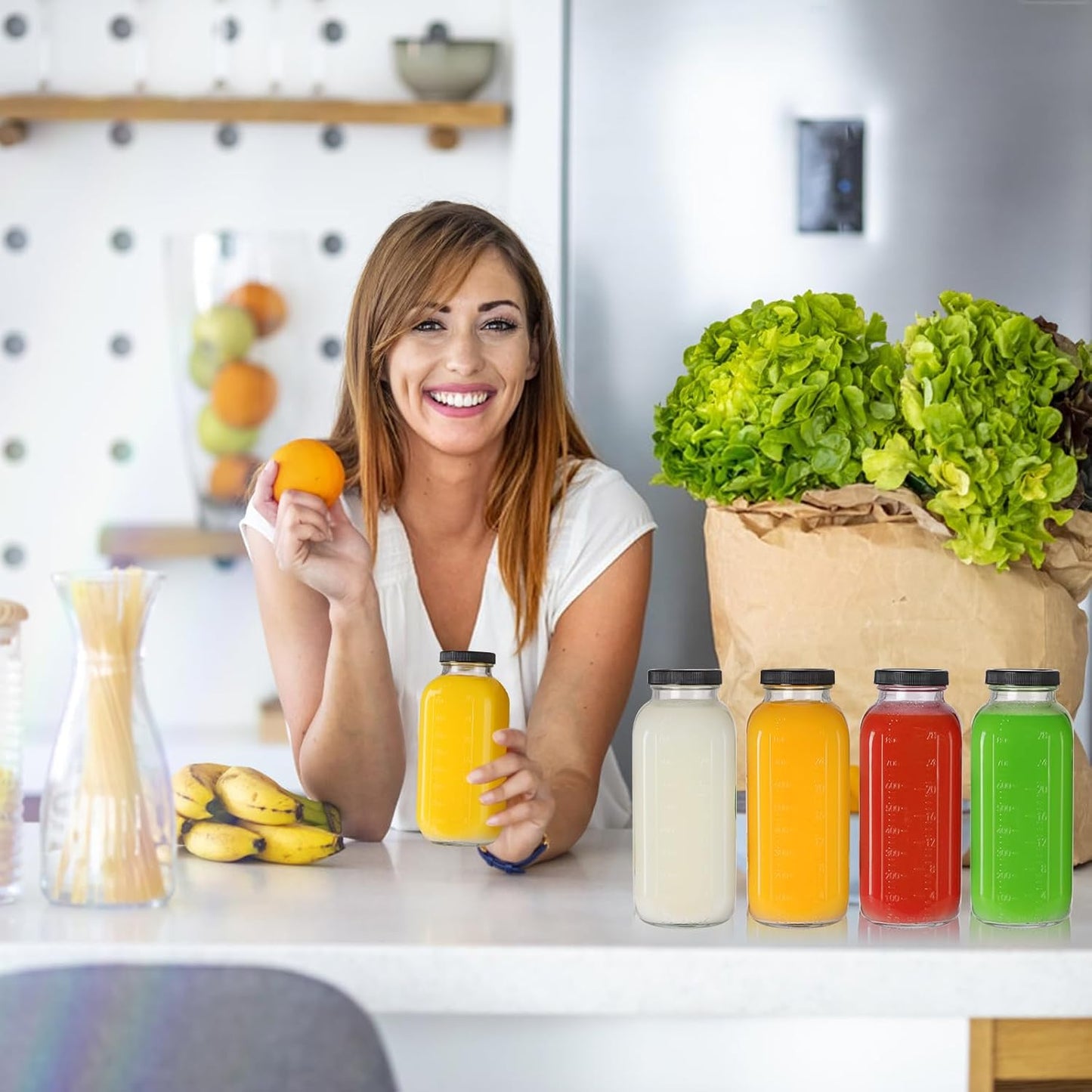 STARSIDE 32 oz Glass Juice Bottles with Lids 2 Pack - Square Reusable Drinking Jars for Juicing, Milk, Kombucha - Includes 1 Bottle Brush, 6 Colored Labels