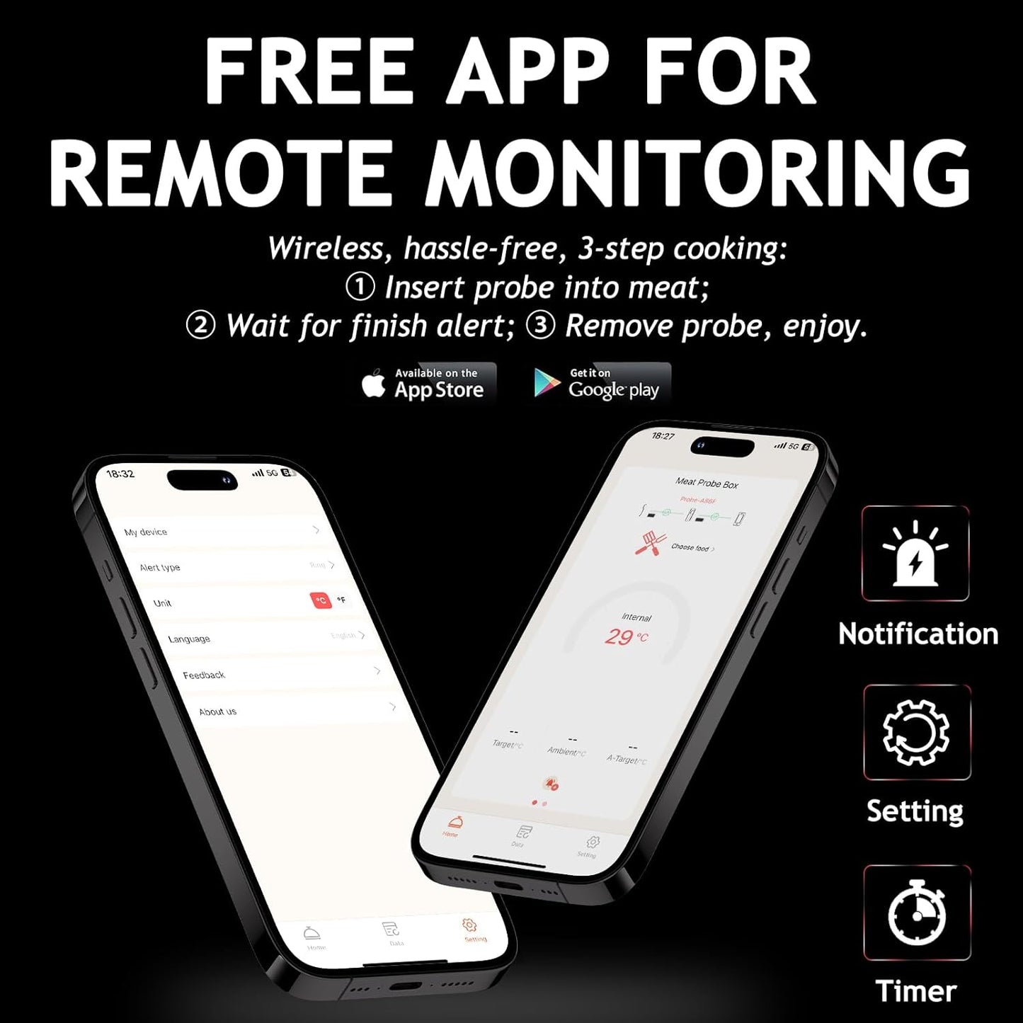 Meat Thermometer Digital Wireless with 800ft Range, Bluetooth 5.3 Food Thermometer with Dual-Temperature Probe, LCD Display and App&Case Setting for Grilling Smoking Cooking