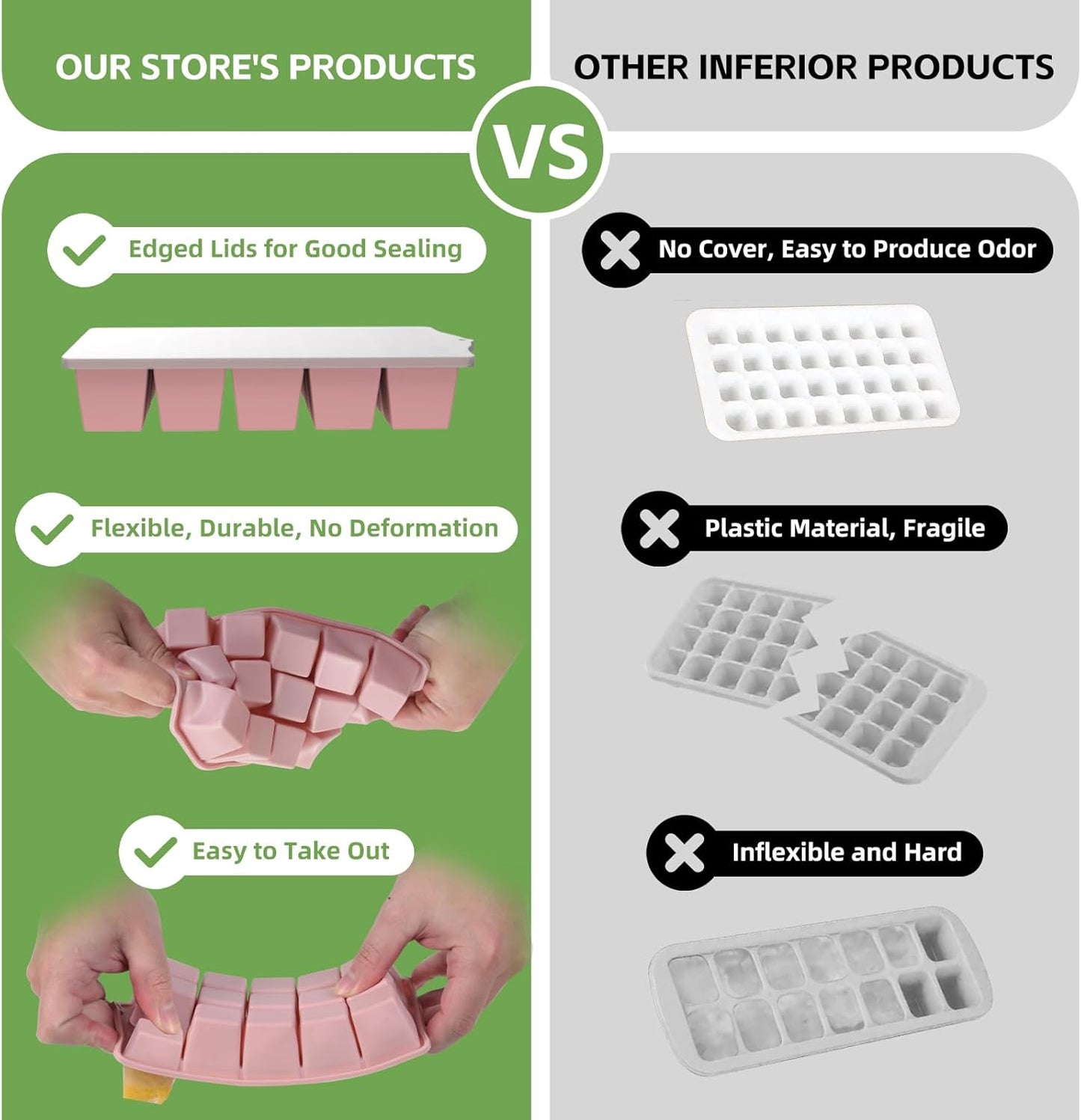 Silicone Ice Cube Tray, 2 Pack Easy-Release Stackable Ice Trays for Freezer with Lid 15 Reusable Cubes, Food Grade BPA Free Ice Molds for Whiskey, Baby Food, Coffee, Cocktail, Drinks (Pink)