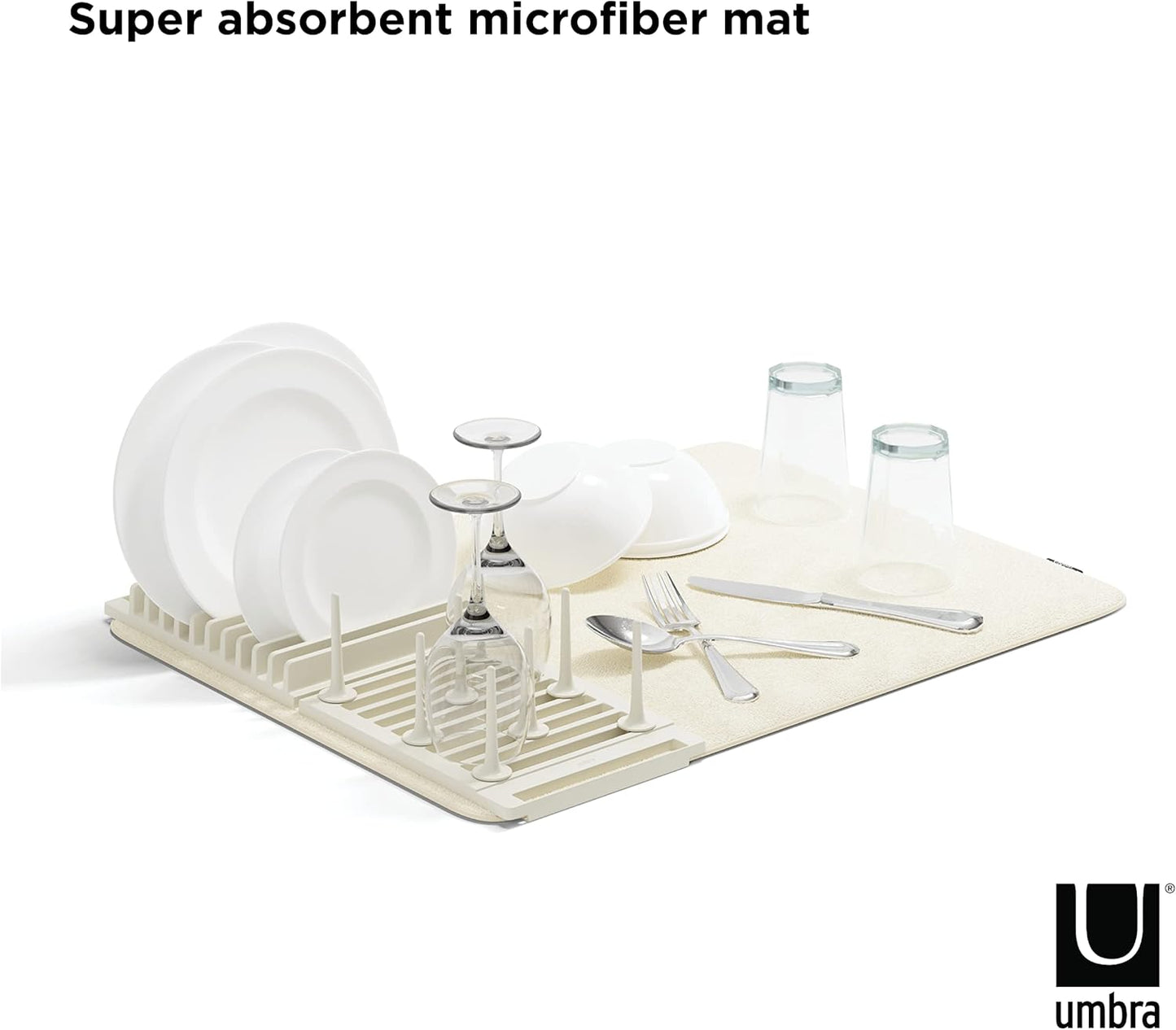 Umbra Udry Rack and Microfiber Dish Drying Mat-Space-Saving Lightweight Design Folds Up for Easy Storage, Standard, Linen