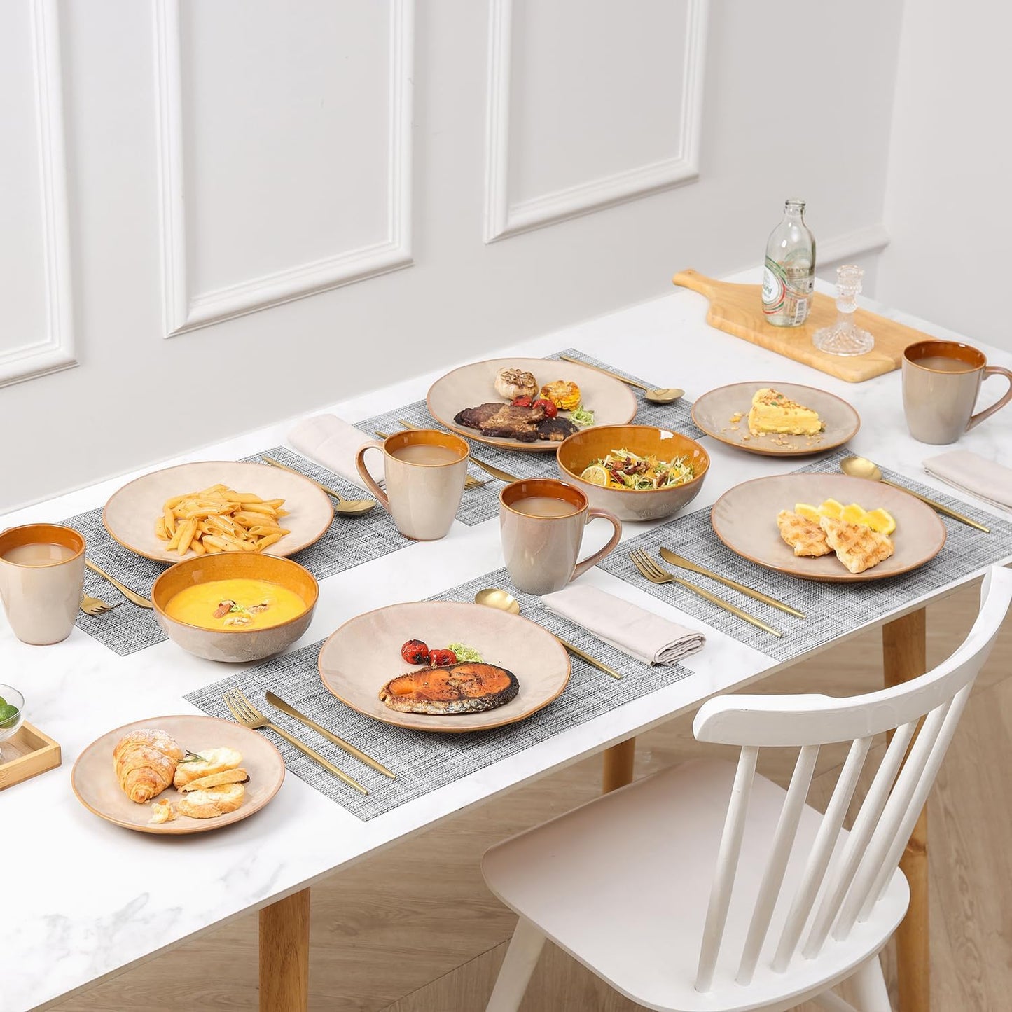 vicrays Ceramic Salad Bowls Set for Kitchen, Serving - 32 Ounce Soup Bowls, Pasta Bowls, Chip Resistant, Dishwasher Microwave Safe, Large, Fluted, stoneware, Set of 6 (Beige)