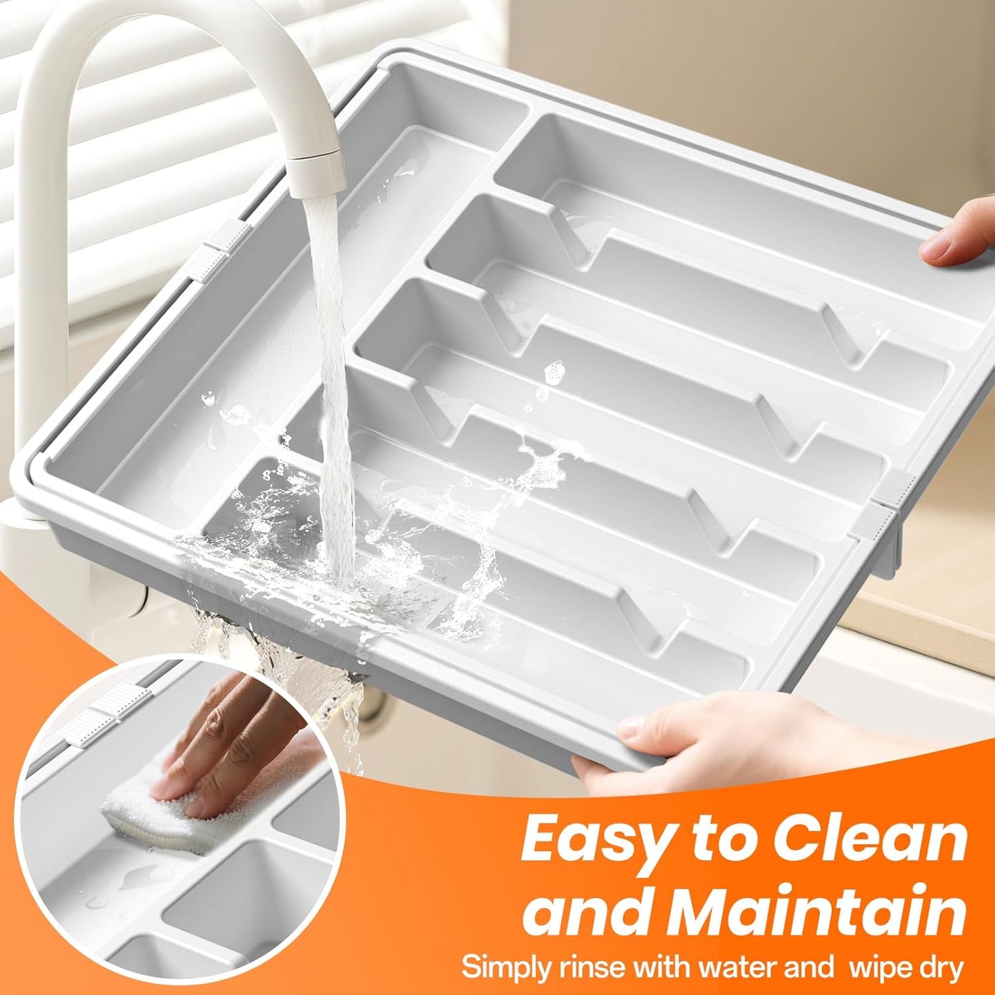 Large Silverware Organizer,Expandable Utensil Drawer Organizer,BPA Free Utensil Holder,Adjustable Silverware Tray Cutlery Drawer Organizer for Kitchen Flatware,Large,White (6-8 Slots)