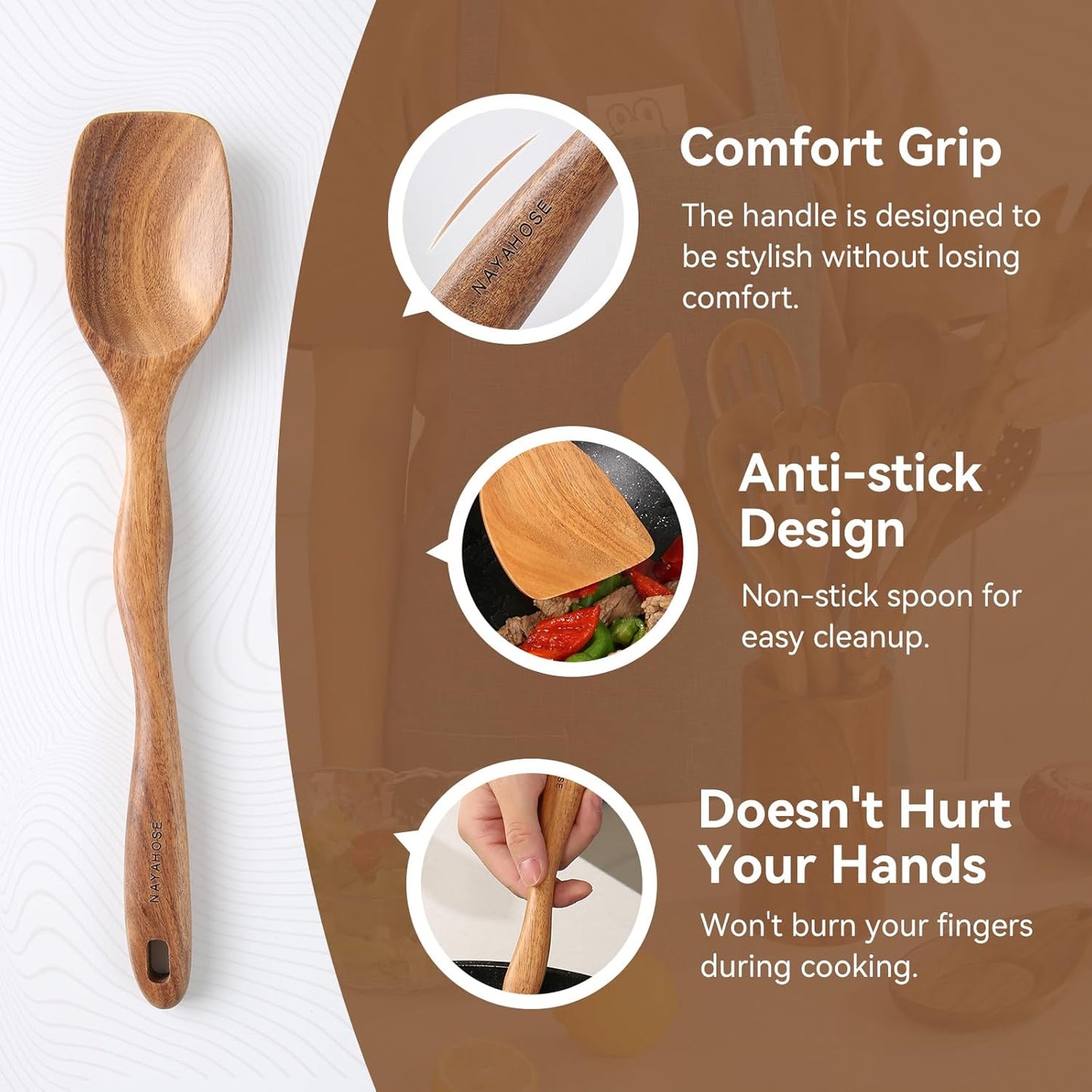 Wooden Spoons for Cooking with Holder,10Pcs Wooden Kitchen Utensil Set Non stick, Non Scratch Natural Teak Wooden Utensils for Cooking