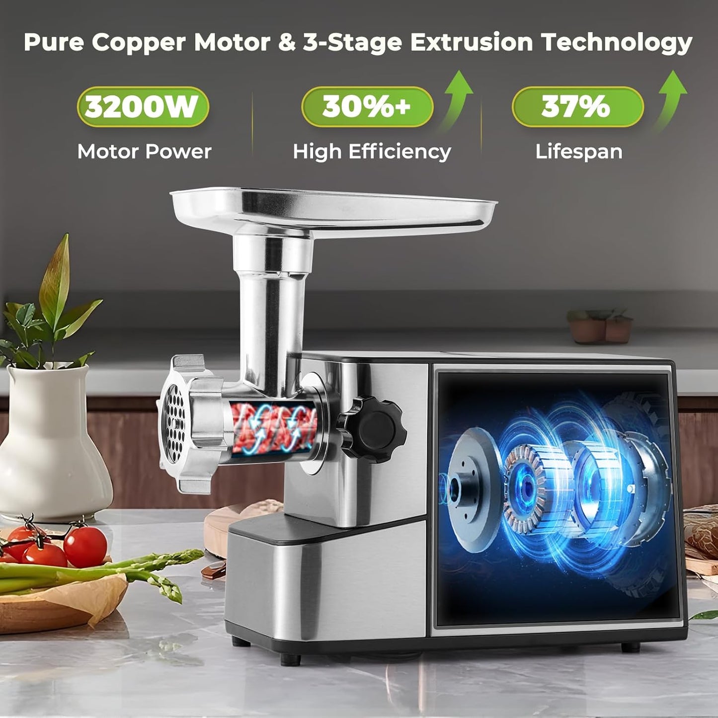 Meat Grinder Electric 3200w High Capacity Storage Commercial Heavy Duty Meat Grinder, Veggie Slicer, Ice Cutter, Cheese Grater, Sausage Stuffers, Kubbe Kit for Home Use & Commercial