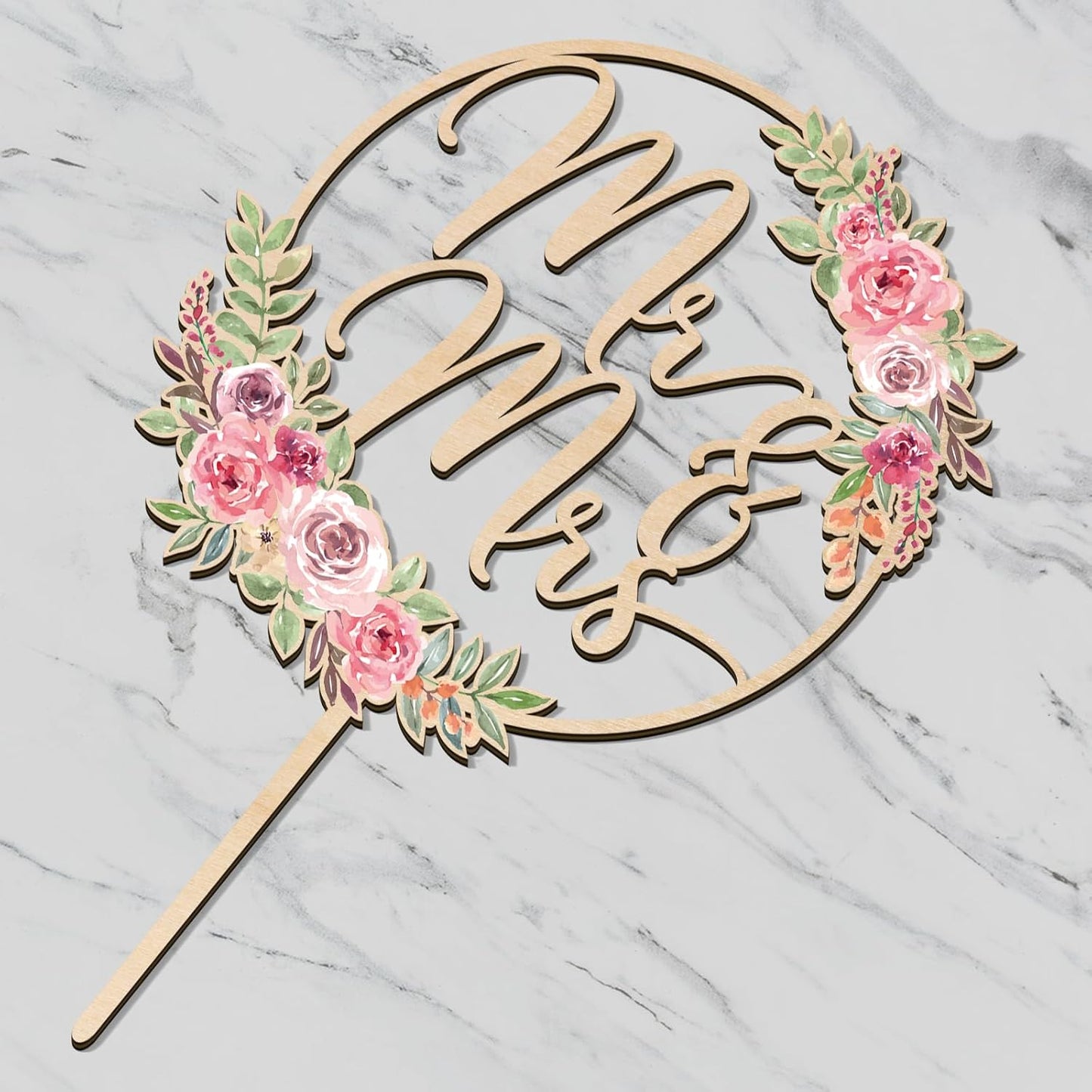 Mr & Mrs Cake Topper Floral Wedding Cake Topper in Wood (Design 01)