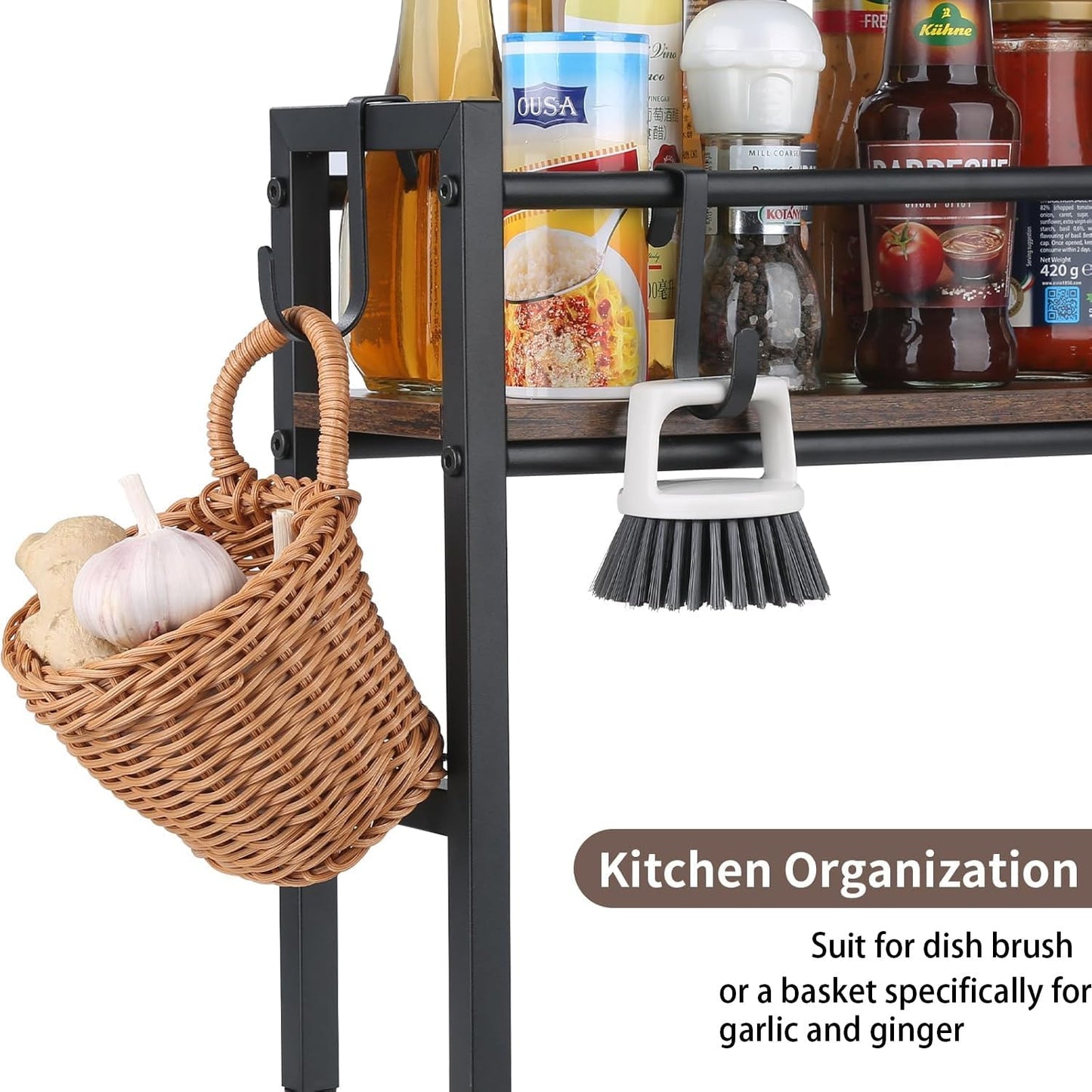 Meangood Spice Rack Shelf for Kitchen Stove, Over the Stove Shelf with 4 Hooks Extra Storage Countertop, Rustic Wood & Solid Metal Commbined Stove Shelf for Storage Seasoning, Easy to Assemble