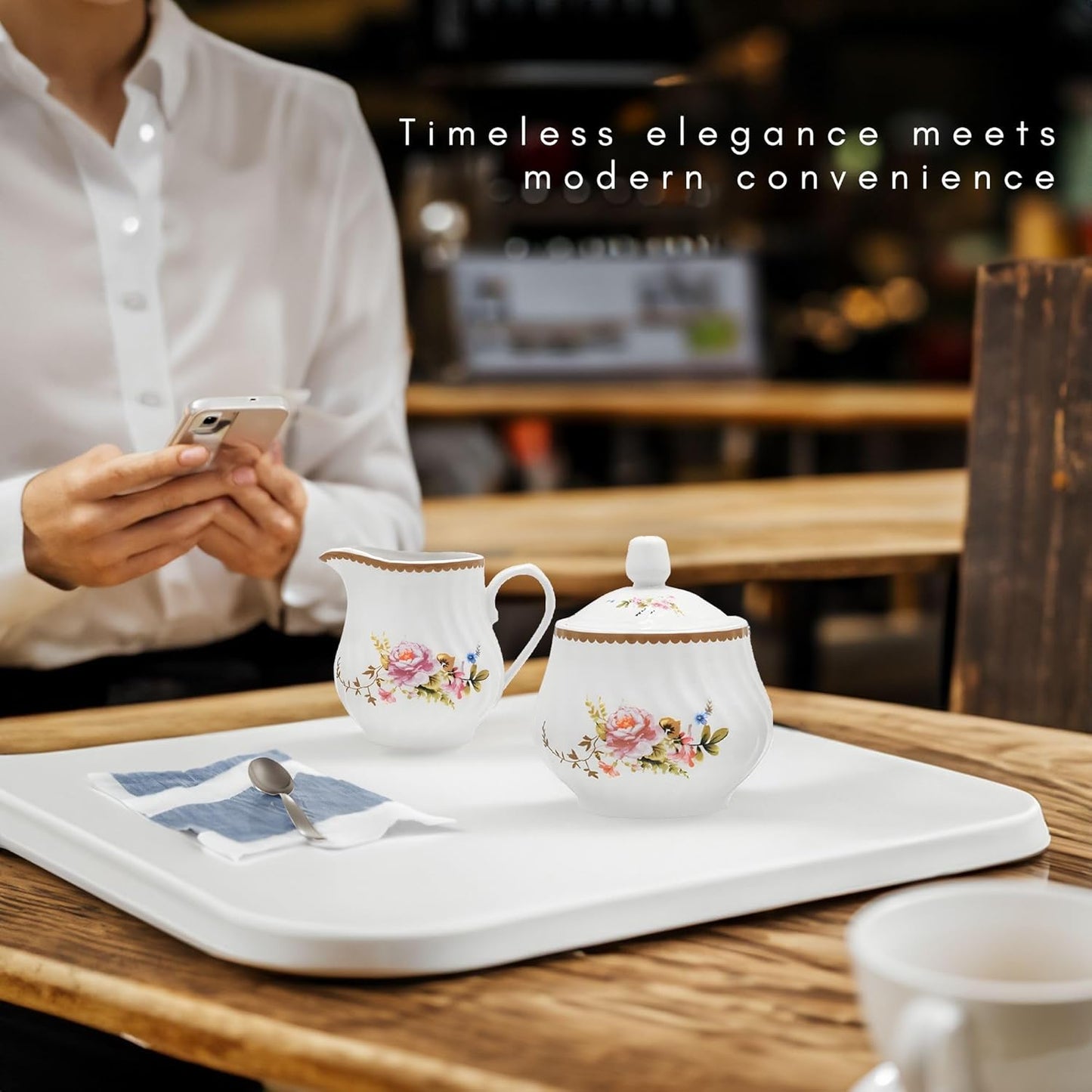 Sugar and Creamer Set - Porcelain Sugar and Creamer Floral Vintage Tea Set with Elegant Embossed Swirls - Exquisite Fine China Tea Set for Parties & Celebrations - Timeless Rose Set by Lynns