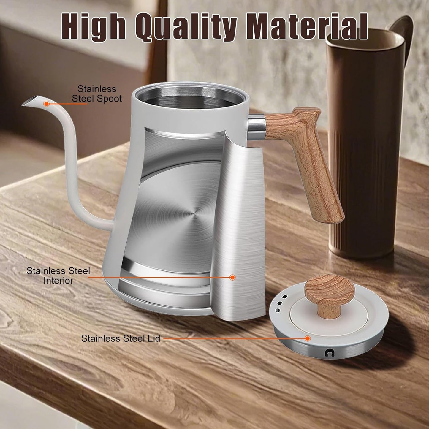 Electric Gooseneck Kettle for Pour Over Coffee/Tea, 1200W 0.9L Quick Heating Electric Kettles with Stainless Steel Inner, LCD Screen, Timing Constant Temperature, Auto Shut Off (White)
