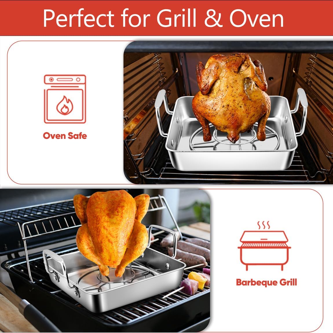 Herogo Small Roasting Pan with Beer Can Chicken Holder, 9 Inch Stainless Steel Square Baking Pans with BBQ Vertical Stand Rack for Baking Oven Grilling Smoker, Easy to Use & Dishwasher Safe