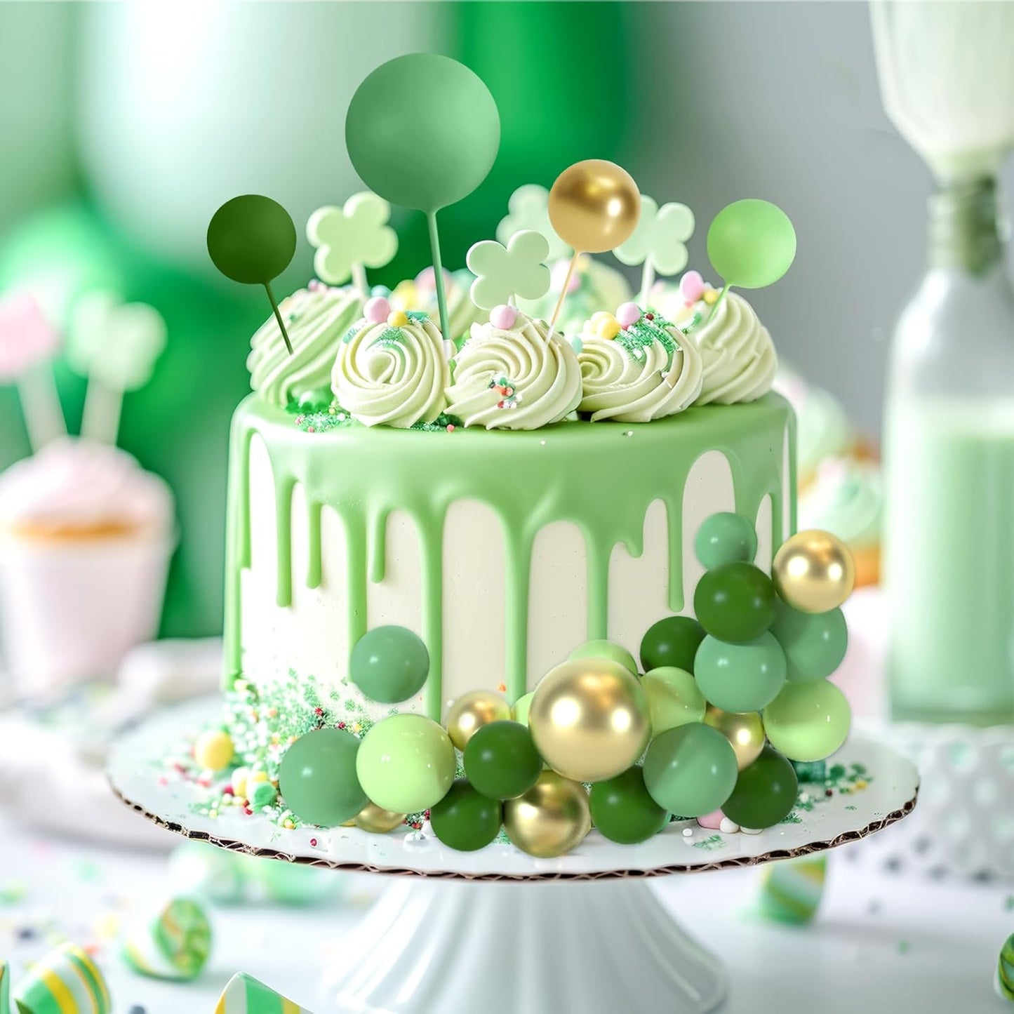 48 Pcs Balls Cake Topper Decorations Balloon Cupcake Toppers Foam Cake Topper Balls Cake Balls Decorations for Birthday Party Cake Decorating (Green, Gold)