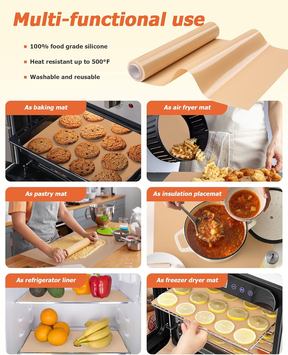 Silicone Baking Mat Roll - Best German Silicone - Non-slip Silicone Pastry Mat, Non-Stick Reusable Air Fryer Linner, Counter Mat, Oven Liner, Freeze Dryer Mat - 12IN x 13.3FT