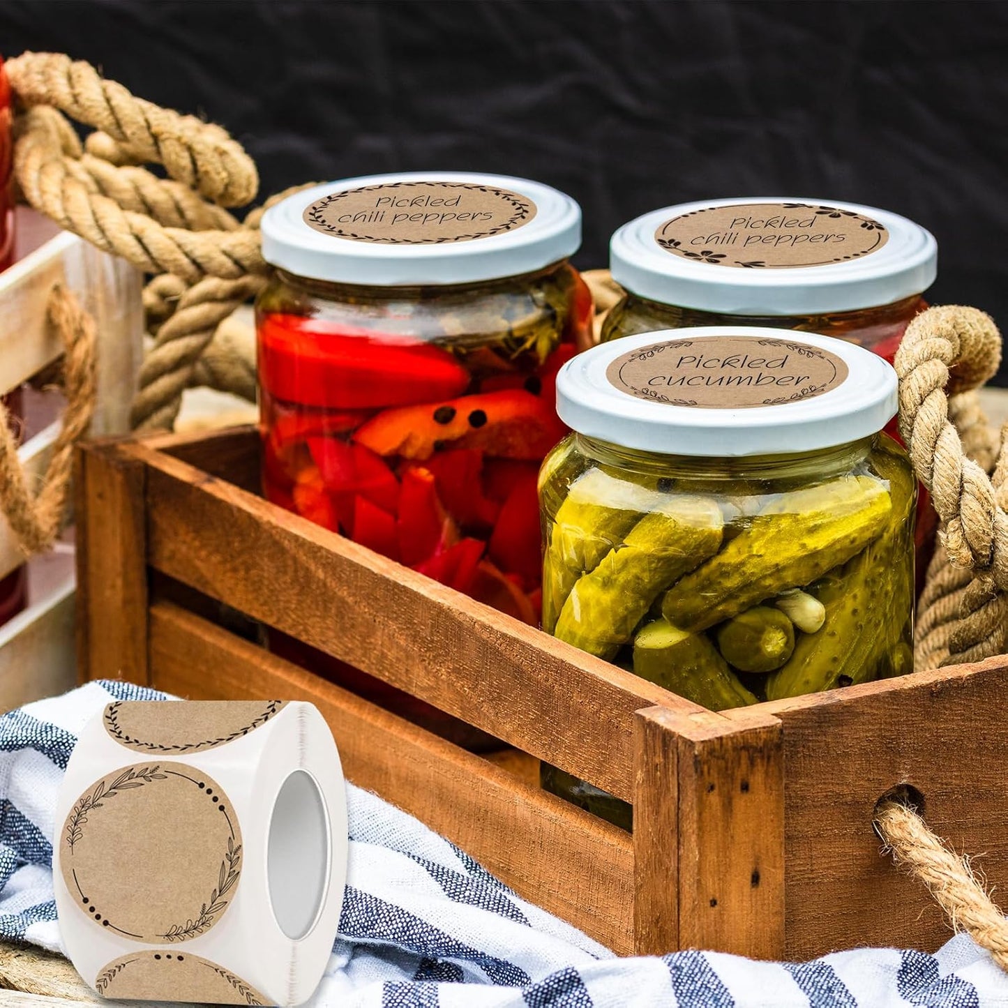 2" Brown Label Stickers for Jars and Lids, Kraft Sticker Labels for Pantry, Mason Jars, Canning, Bottles, 6 Different Drawn Wreath Designs, Kraft Paper/ 500pcs