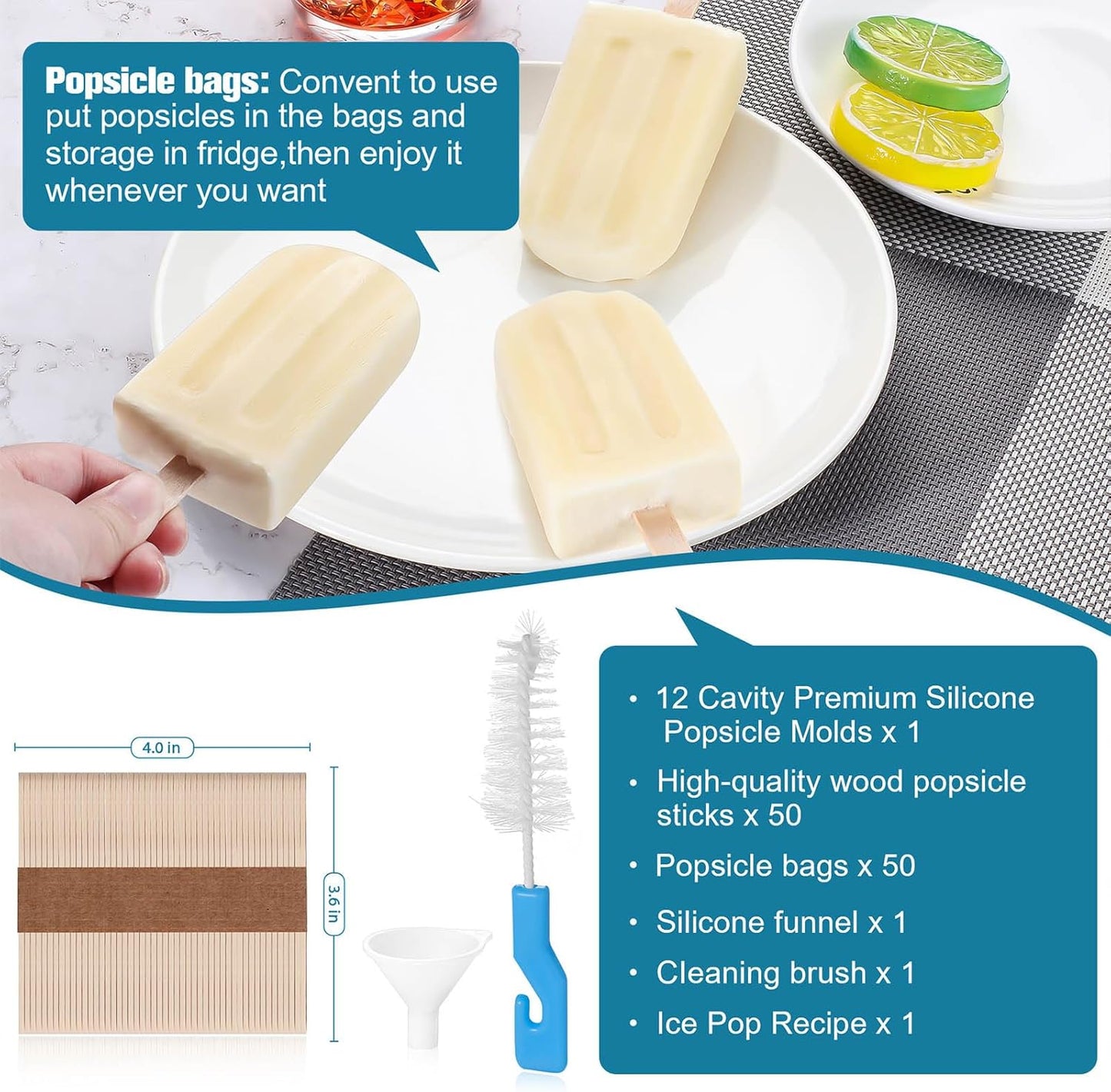 Silicone Popsicles Molds,Ice Pop Cream Mold Set Homemade Toddler Popsicle Maker For Kids Para Paletas De Helado Kulfi BPA Free, with 50 Sticks, 50 Bags,50 wire Ties (Azure)